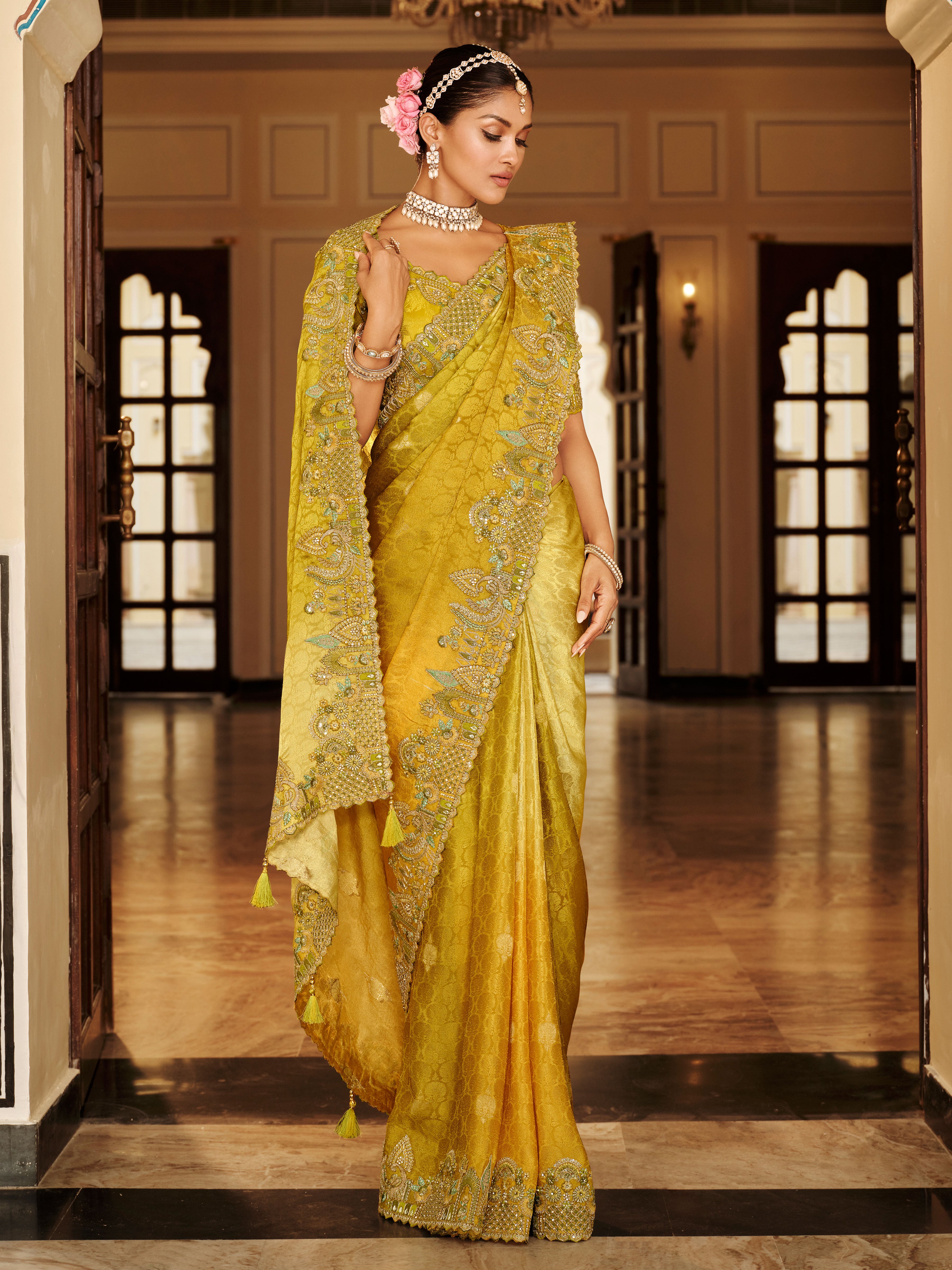 Mustard Saree With Zari weaving With Heavy Thread Embroidery With khatli work