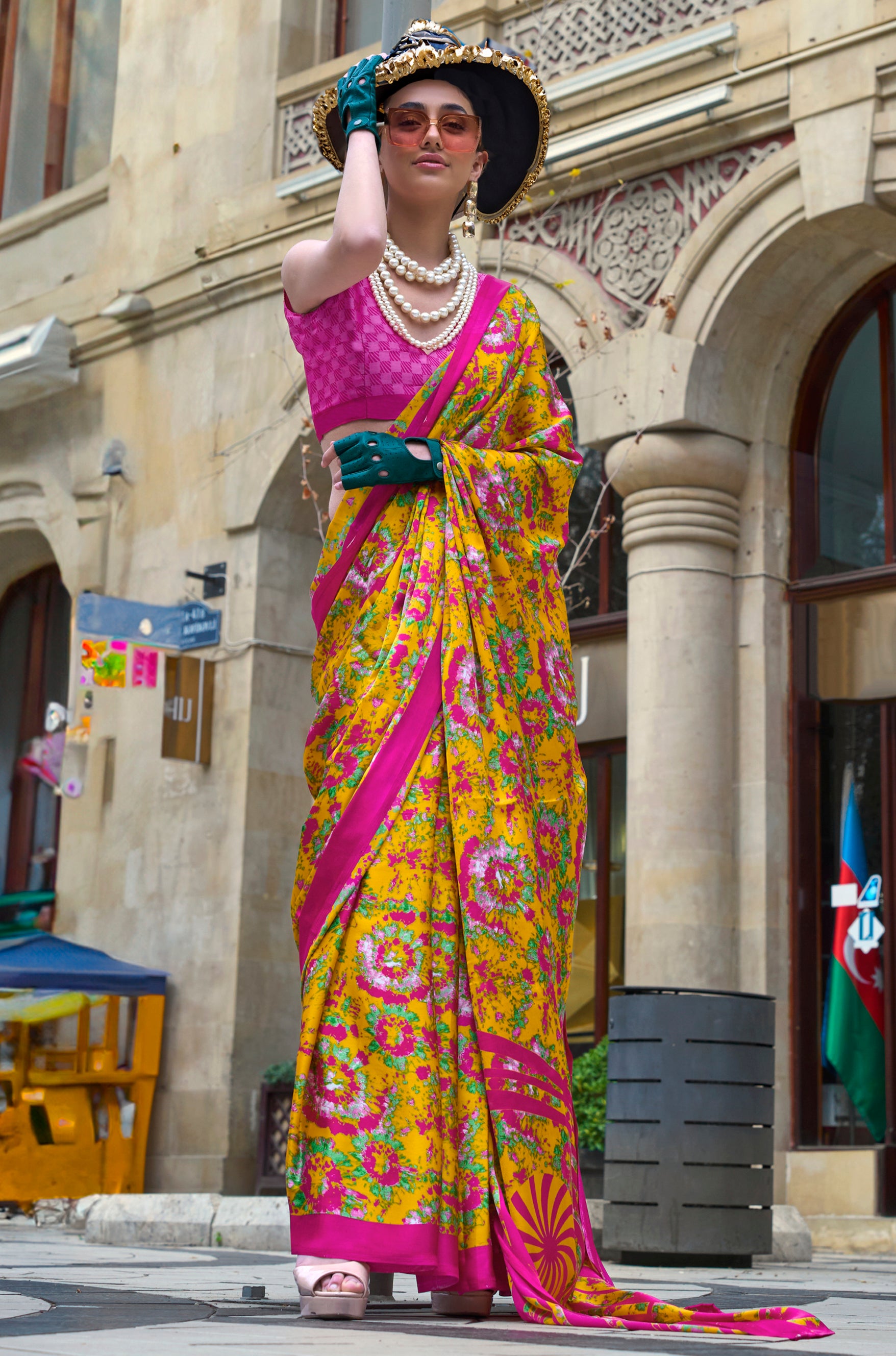 Mustard Satin Saree With Digital Print