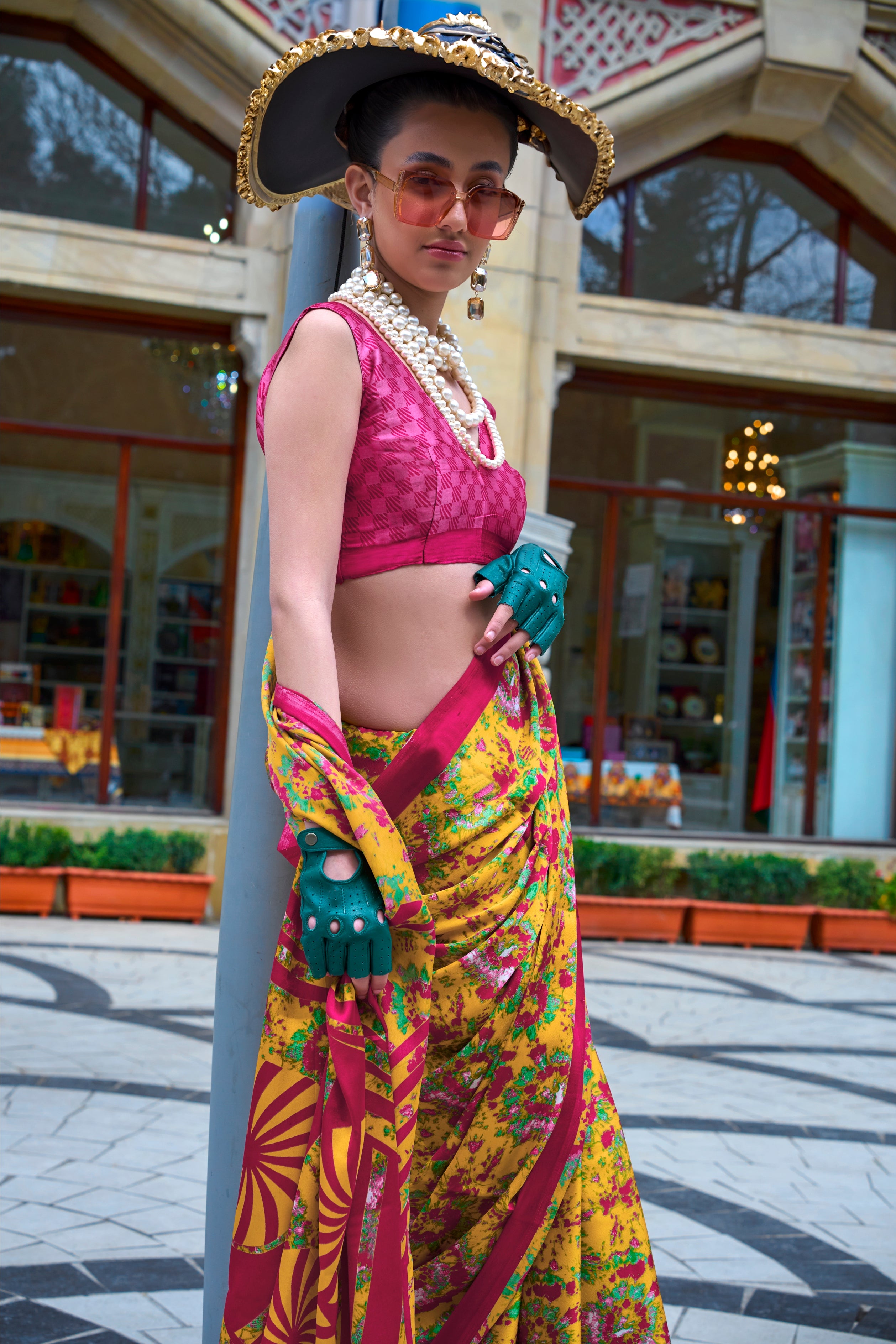 Mustard Satin Saree With Digital Print