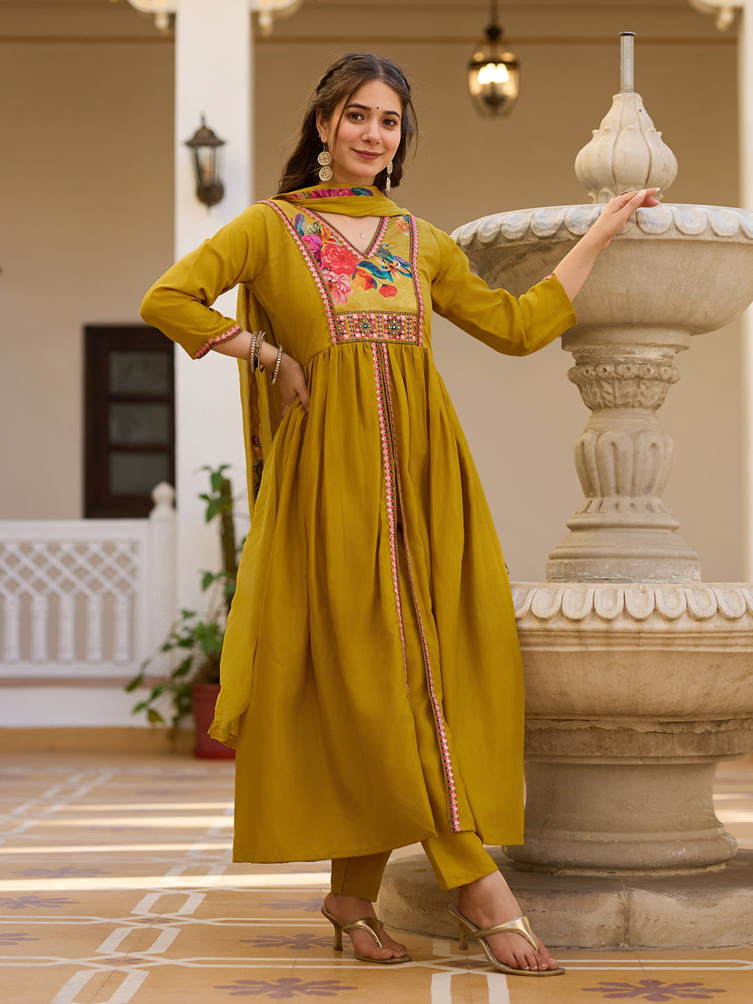 Mustard Silk Kurta Pant Set With Heavy Thread Embroidery Work