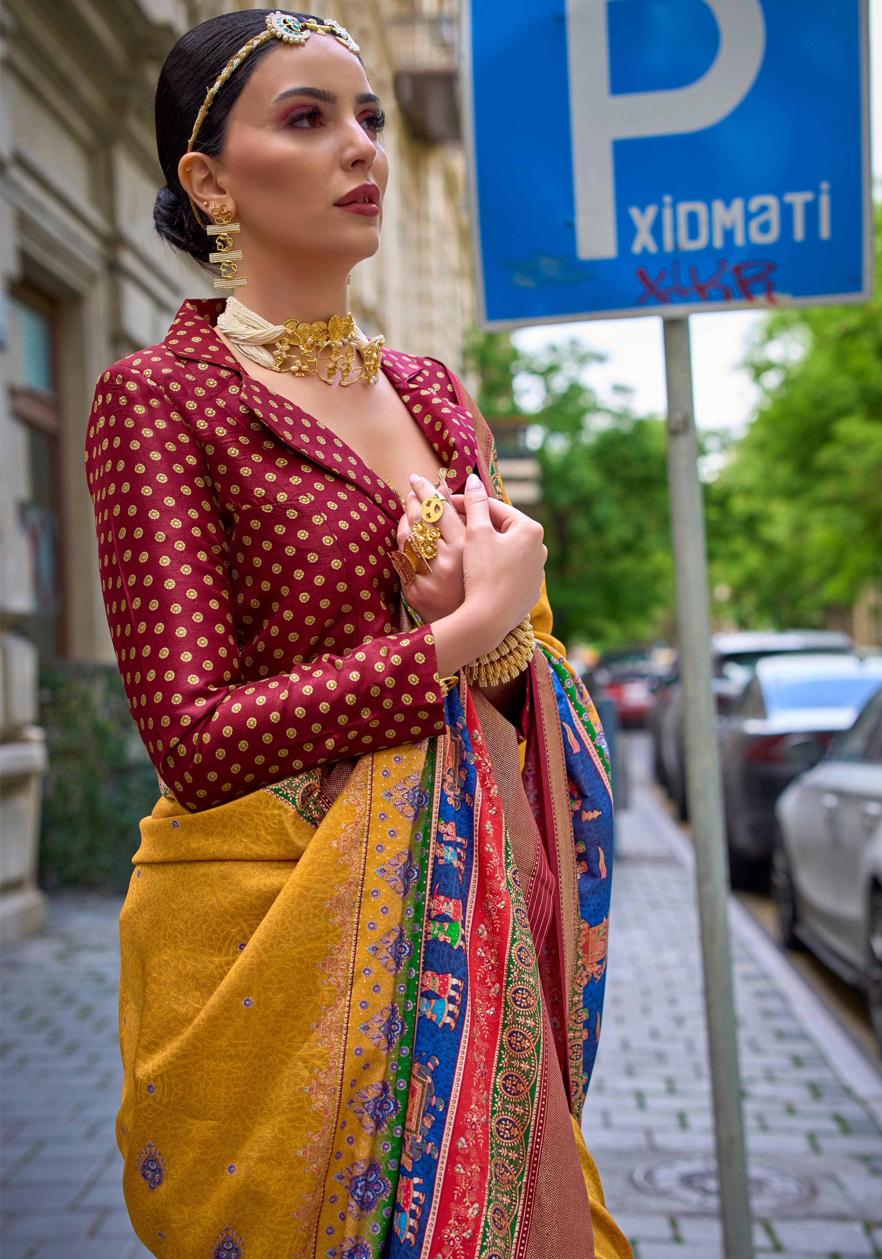 Mustard Silk Saree With Foil Print