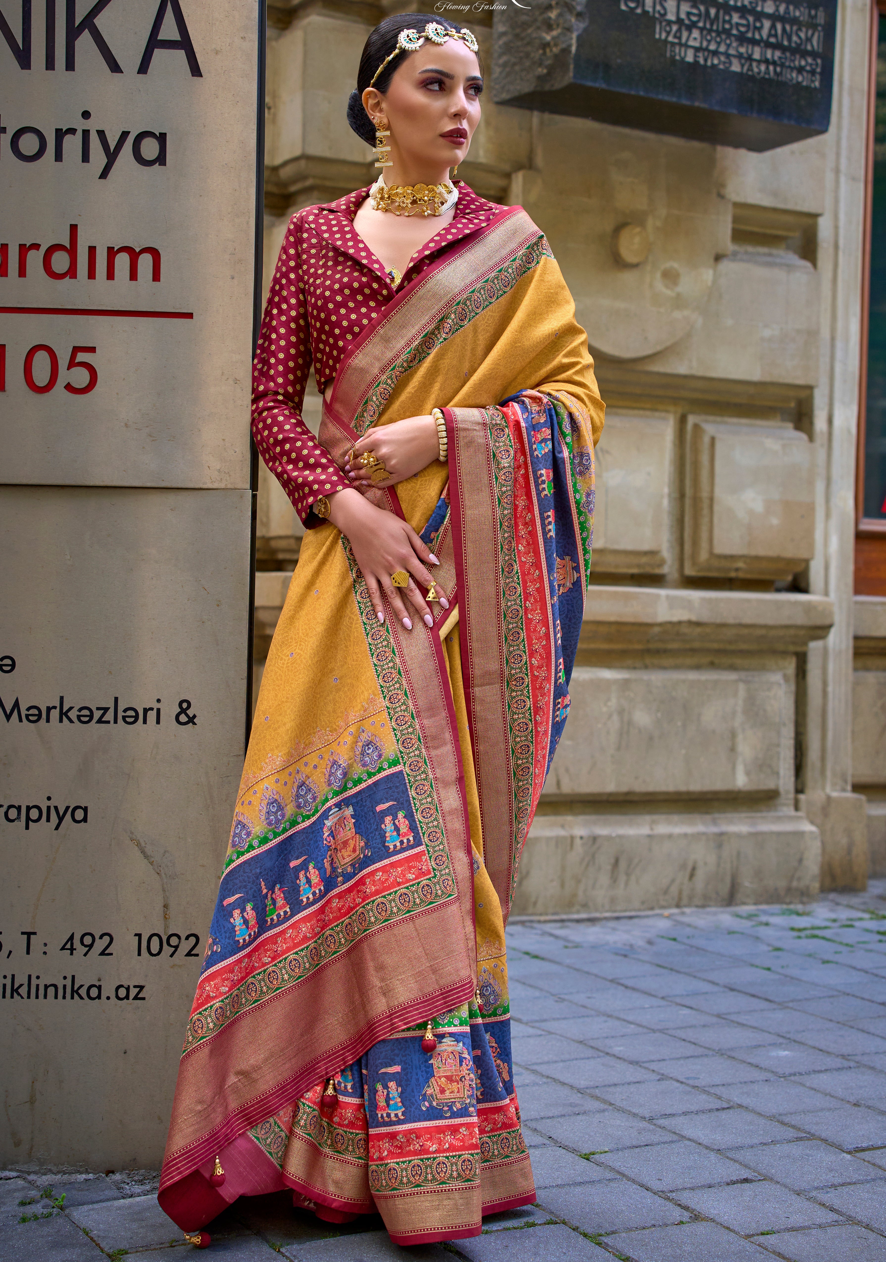 Mustard Silk Saree With Foil Print