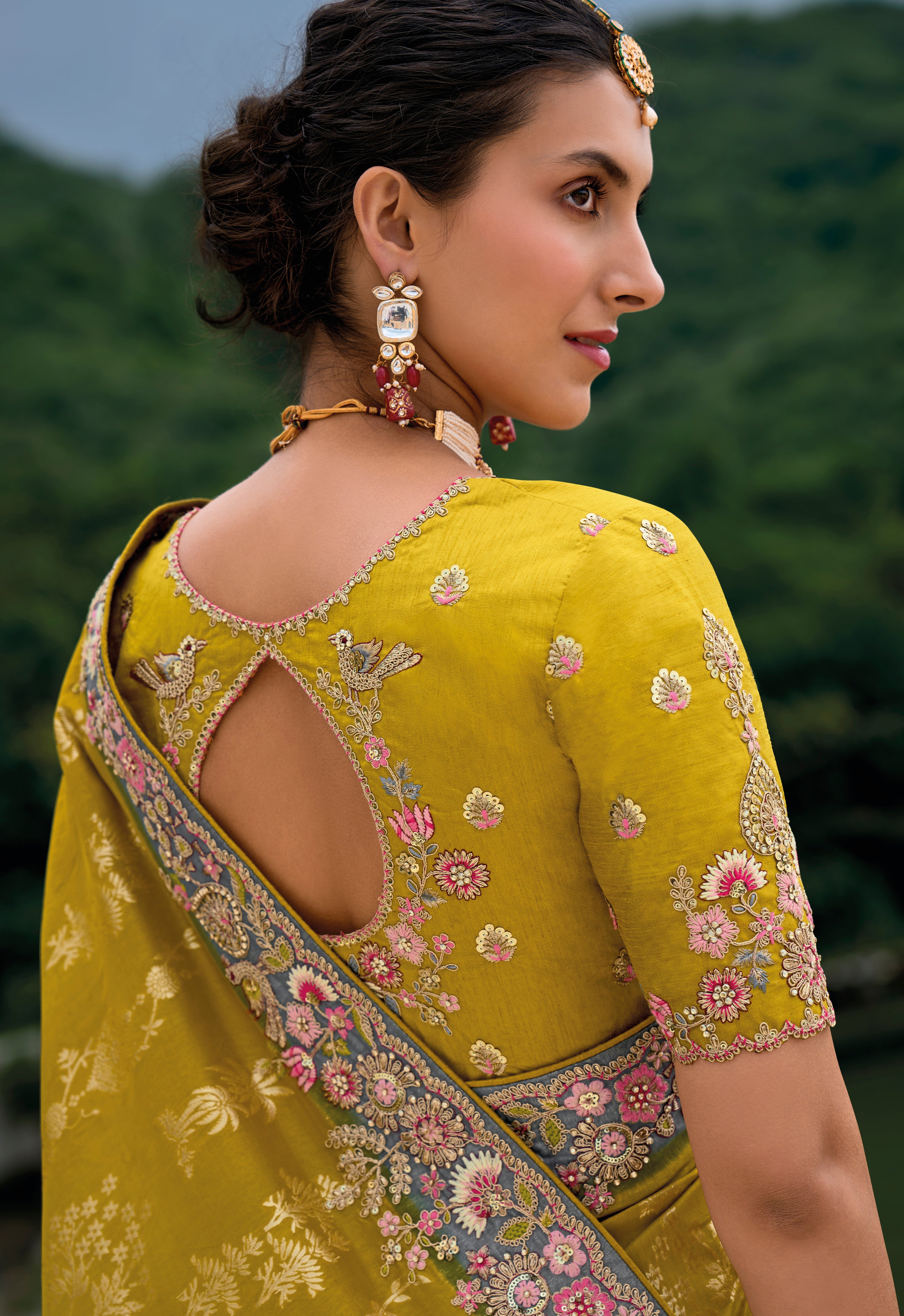 Mustard Silk Saree With Jacquard Woven and Embroidery Work
