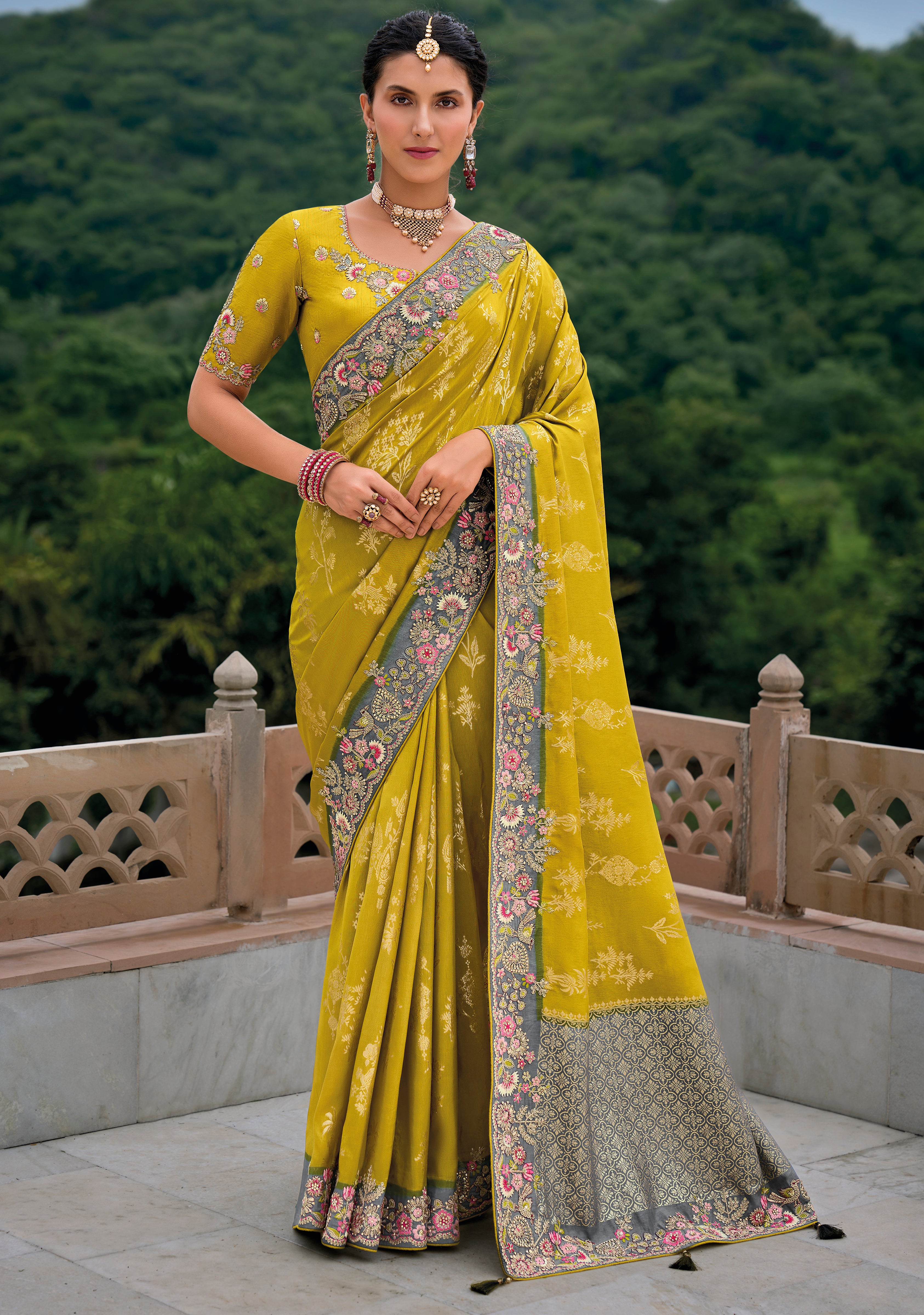Mustard Silk Saree With Jacquard Woven and Embroidery Work