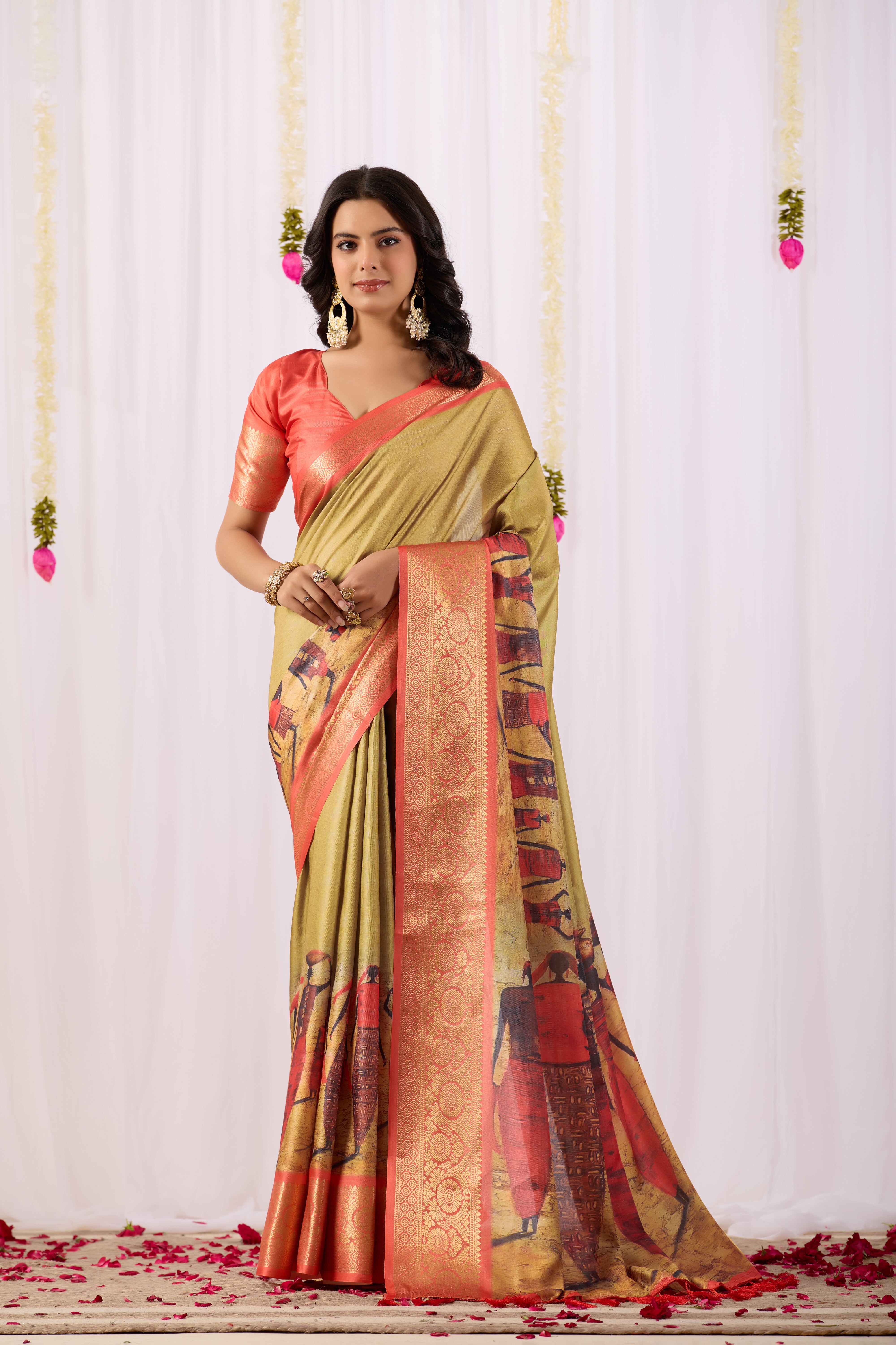 Mustard Soft Lichi Silk Saree With Digital Printed Festive Traditional Saree