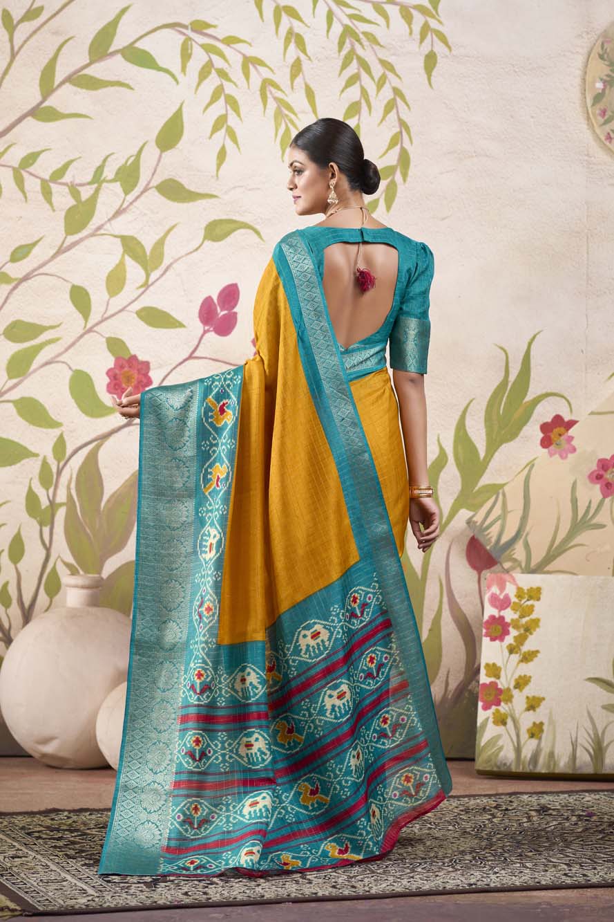 Mustard Tussar Chex Saree with Patola Print & Weaving Border