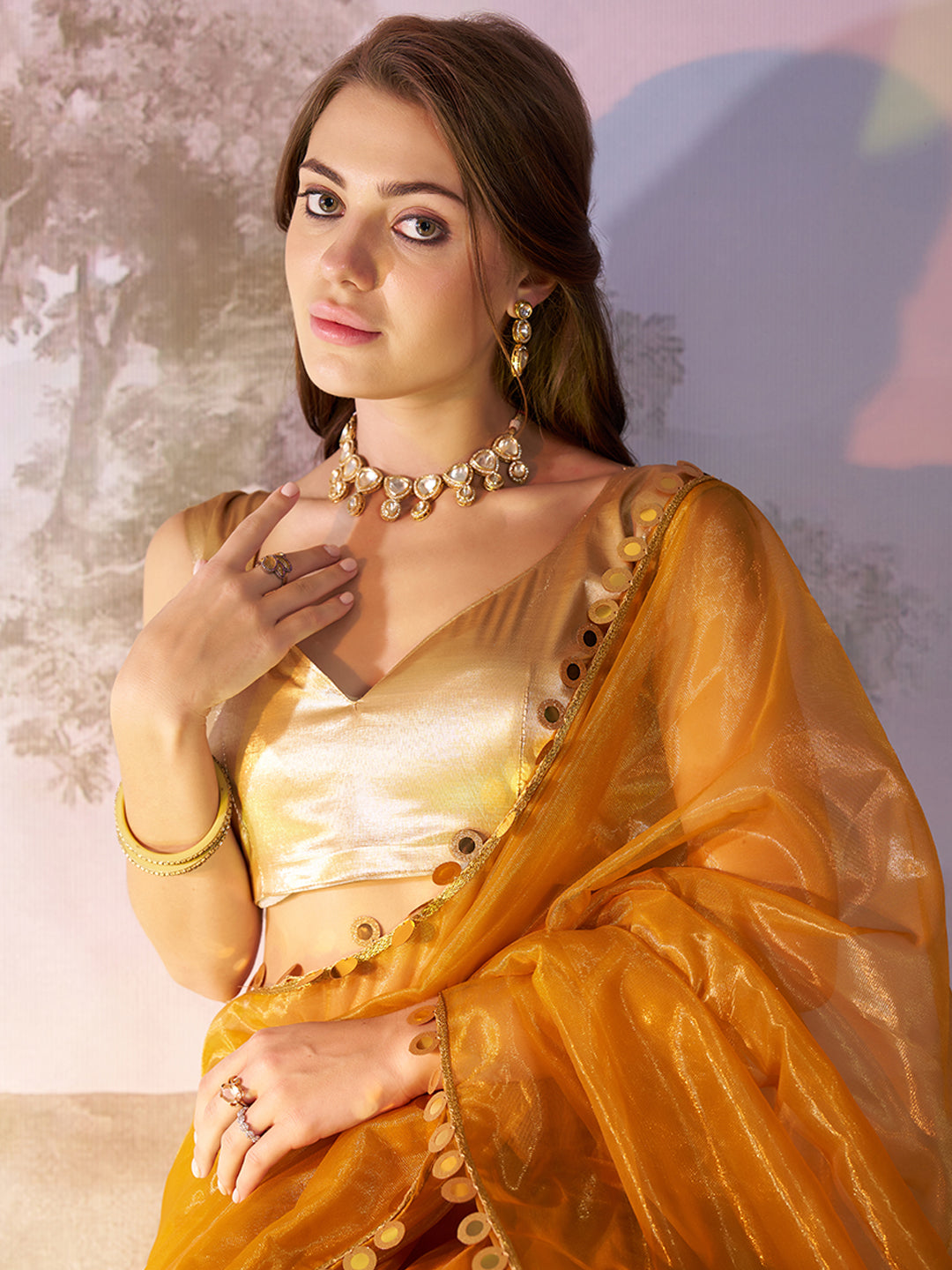 Mustard Twill Net Solid Fancy Designer Bollywood Style Saree