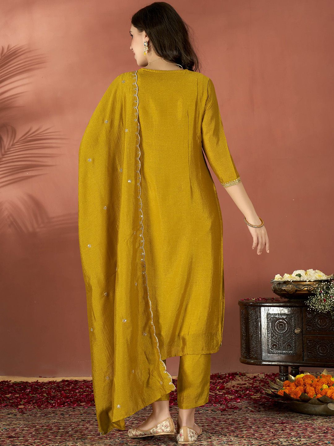 Mustard Vichitra Kurta Pant Set With Heavy Thread Embroidered Work