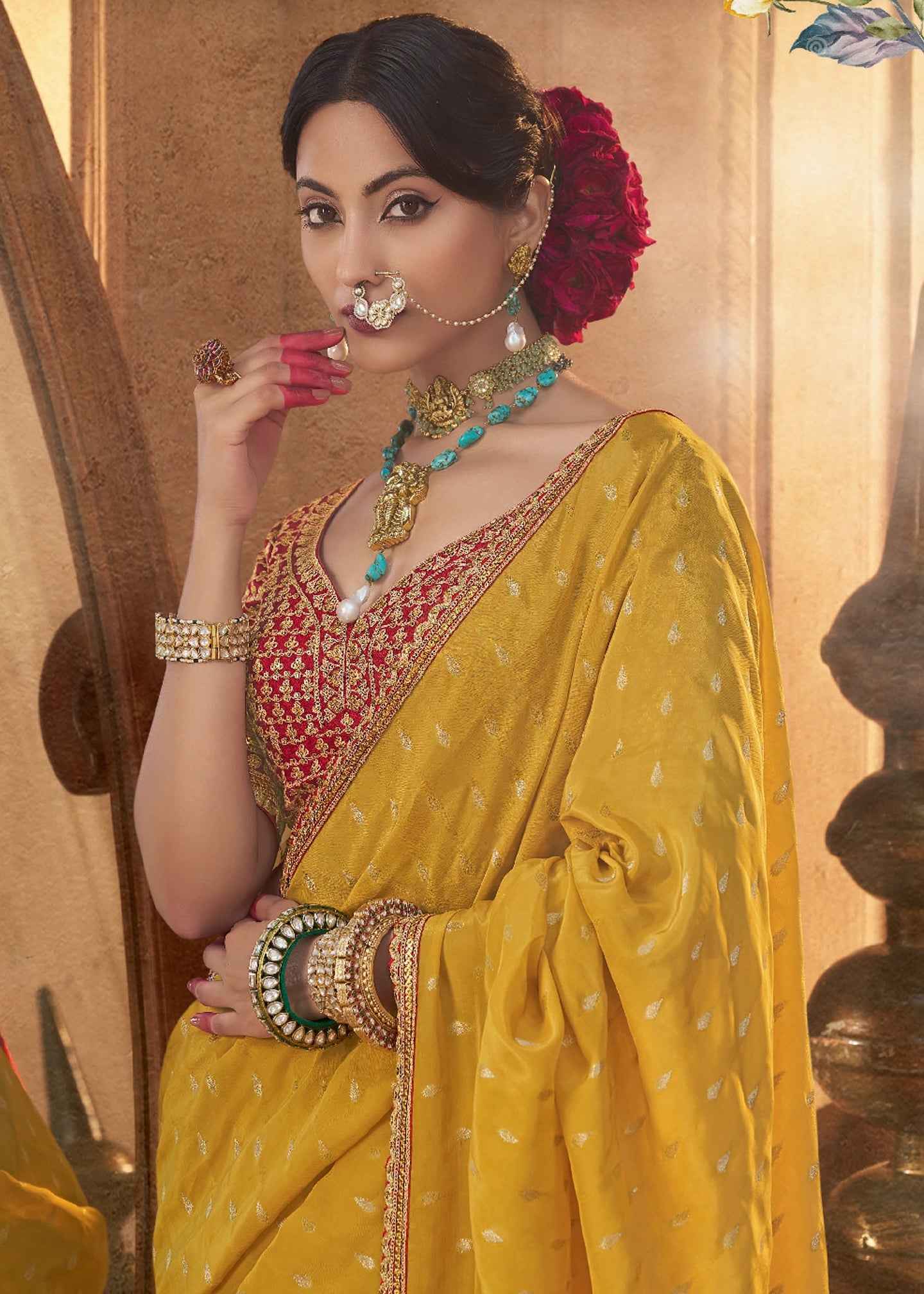 Mustard Viscose Crepe Saree with Butti Weaving and Embroidered Blouse