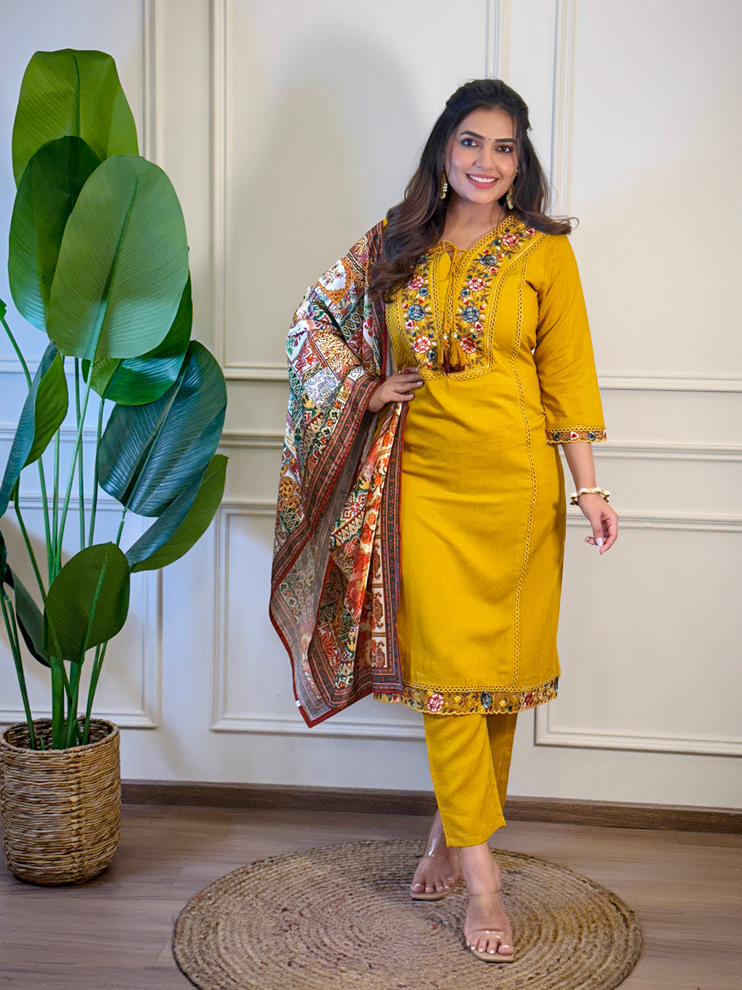 Mustard Viscose Elegant Kurta Pant Set With Embroidery Work