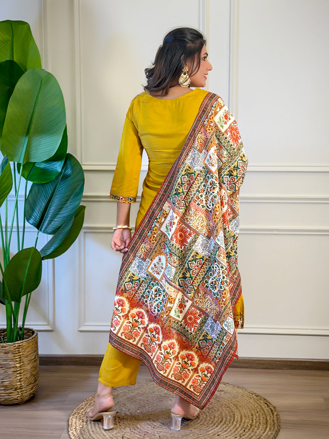 Mustard Viscose Elegant Kurta Pant Set With Embroidery Work