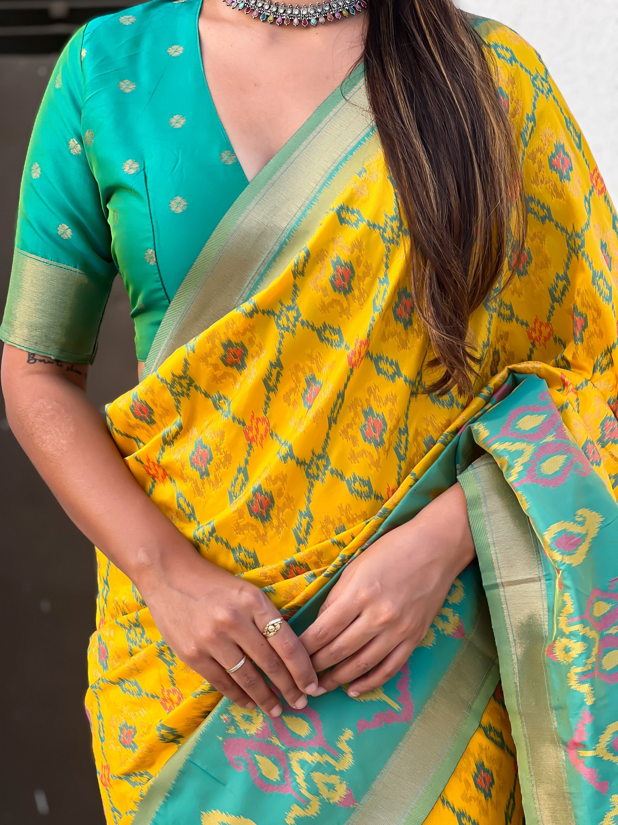 Mustard Woven Meenakari Ikkat Designer Patola Silk Ceremonial Saree