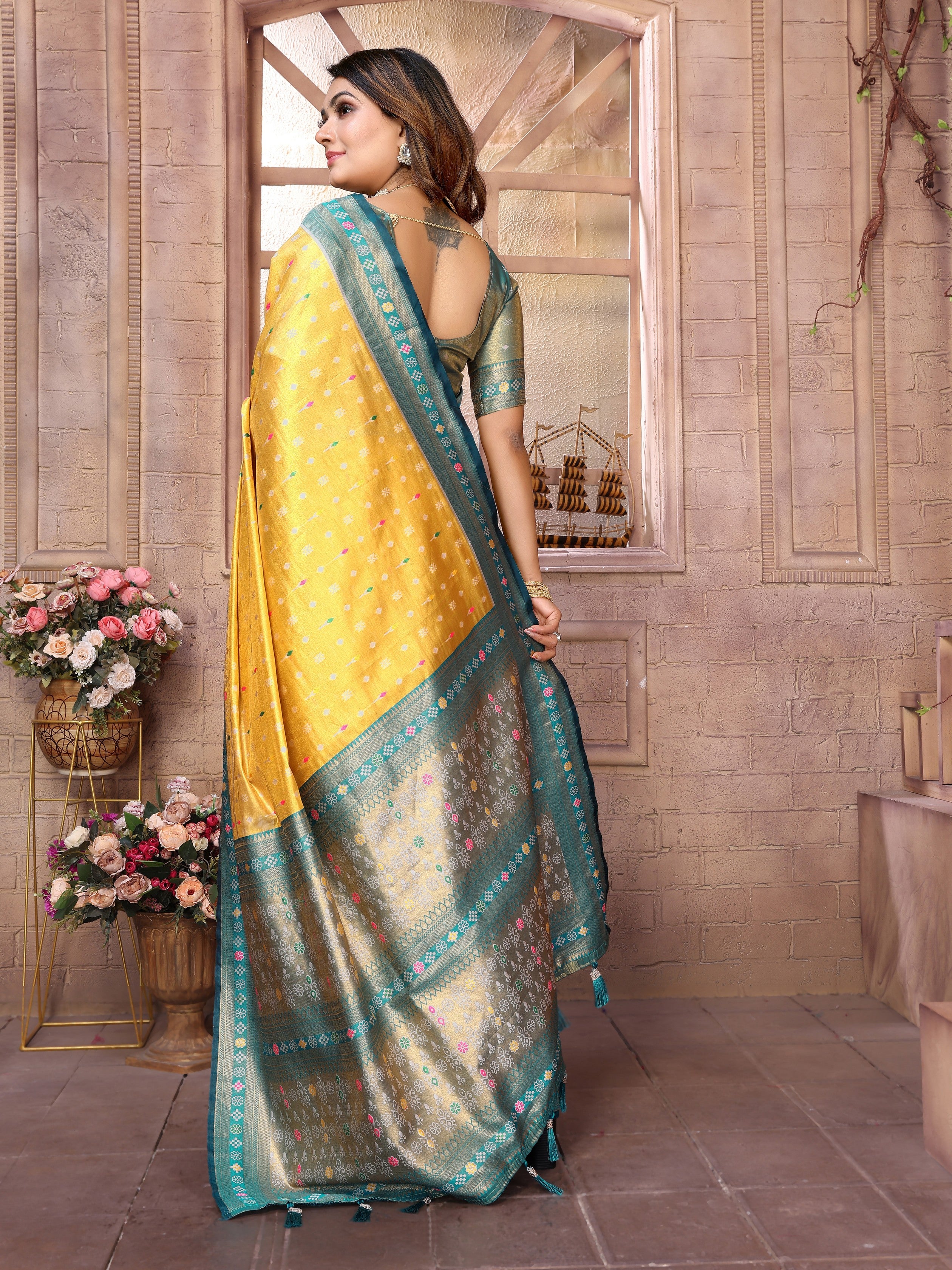 Mustard Woven Patola Designer Banarasi Tissue Silk Saree