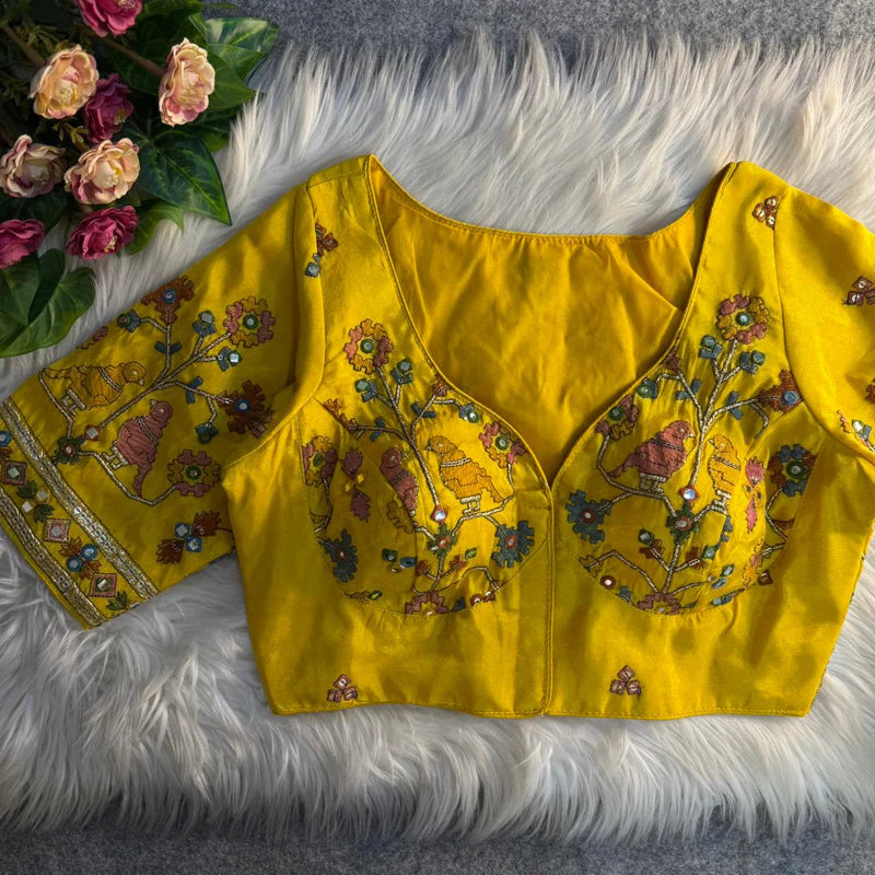 Mustard Yellow Bird Motif Mirror Work Blouse Cosmos Silk Designer Partywear