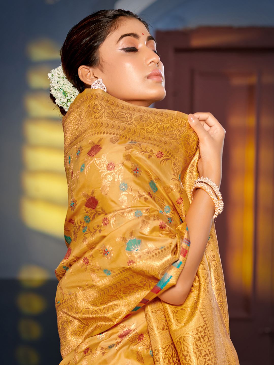 Mustard Yellow Color Woven Design Banarasi Silk Saree