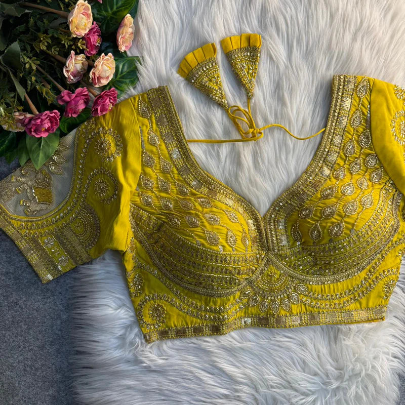 Mustard Yellow Royal Elephant Patch Work Bridal Blouse Roman Silk Heavy Beads & Sequins Designer Wear