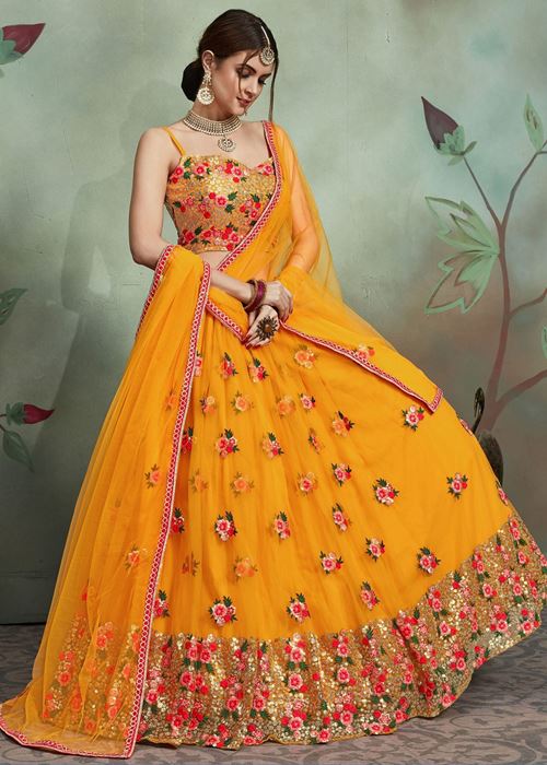 Mustard Yellow Sequins Net Bridal Lehenga Choli