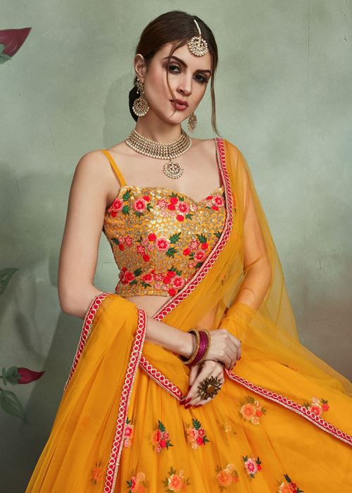 Mustard Yellow Sequins Net Bridal Lehenga Choli