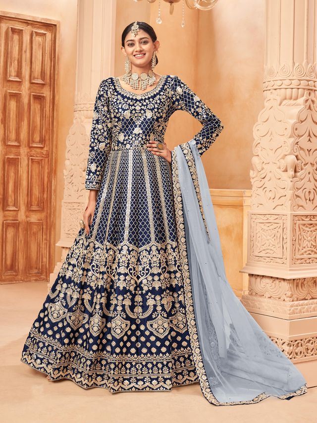 Navy Blue Art Silk Heavy Thread Embroidery with Zari Work Anarkali Suits