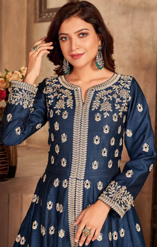 Navy Blue Art Silk Thread Embroidery, Zari With Mirror Work Anarkali Suits