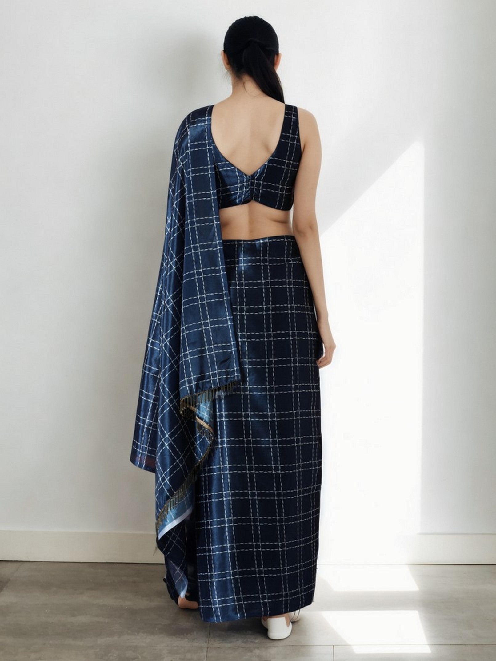 Navy Blue Chinnon Partywear Printed Girlie Ready To Wear Saree
