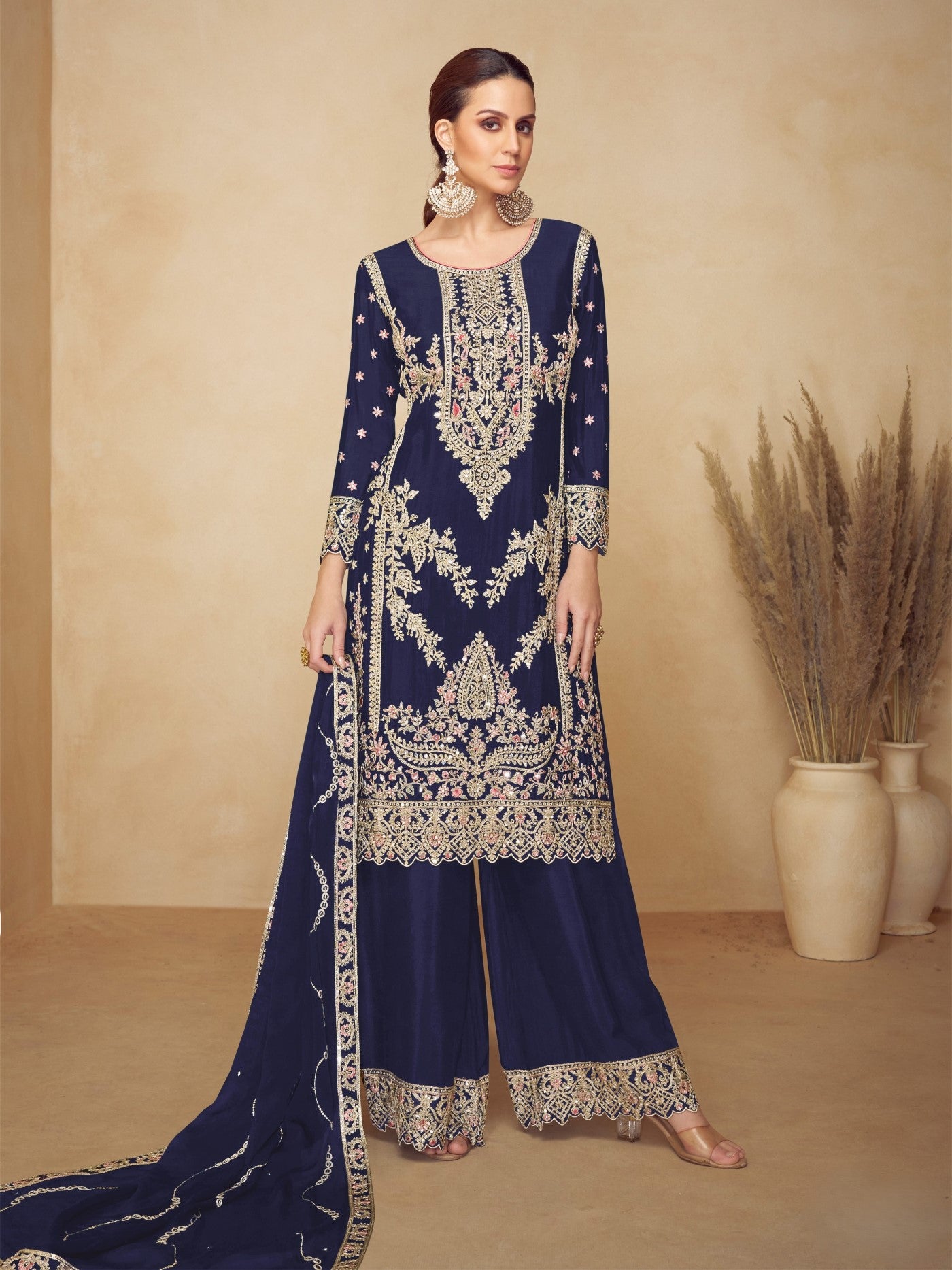 Navy Blue Chinon Designer Suit Set With Elegant Embroidery