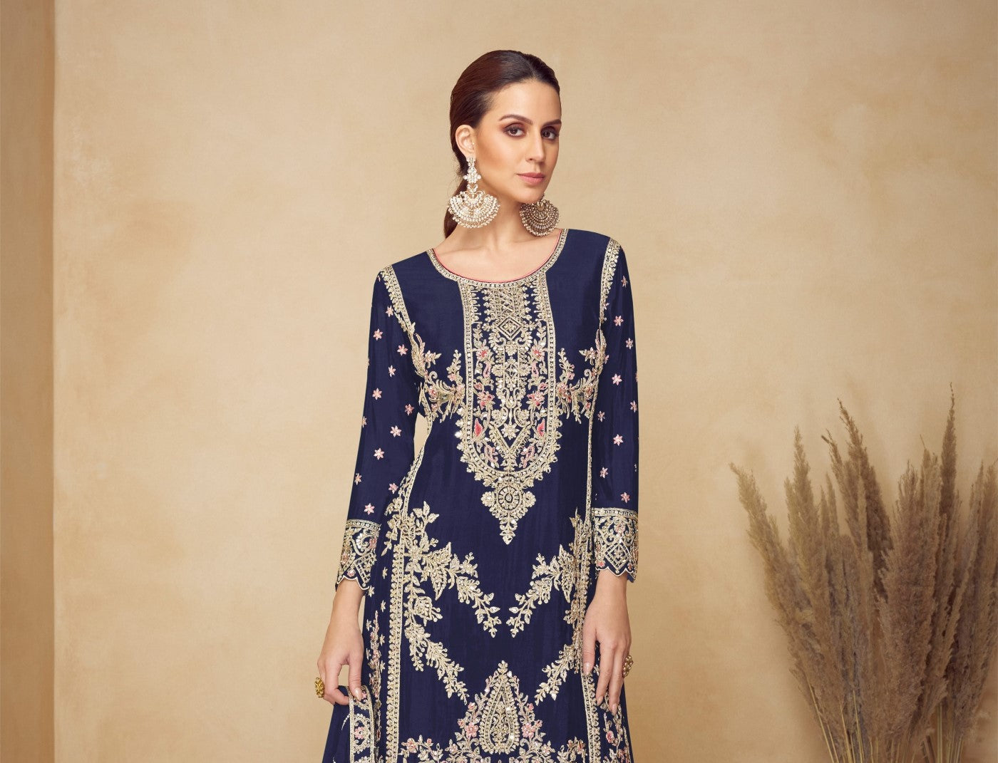 Navy Blue Chinon Designer Suit Set With Elegant Embroidery