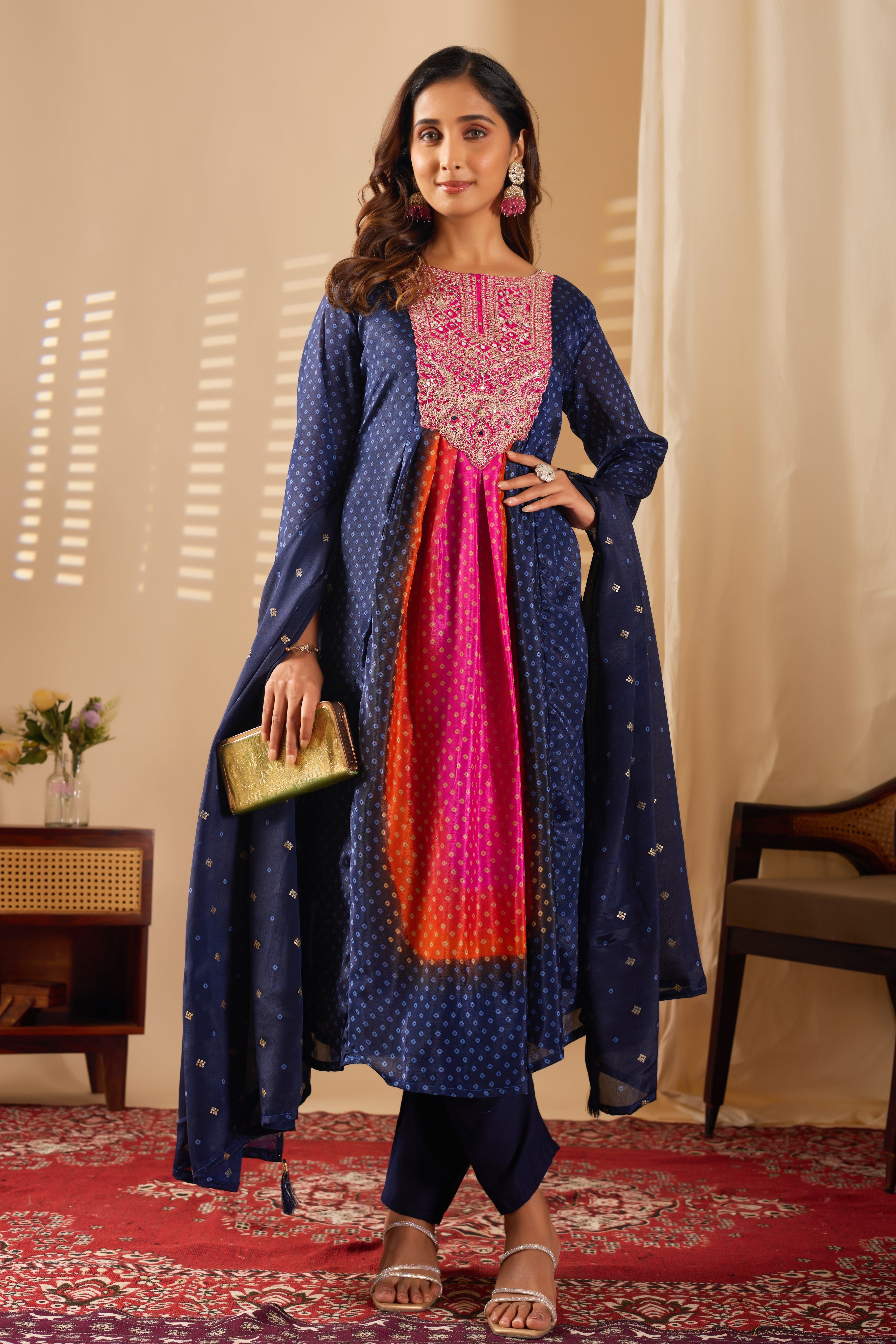 Navy Blue Chinon Kurta Pant Set With Print With Heavy Thread Embroidered Work