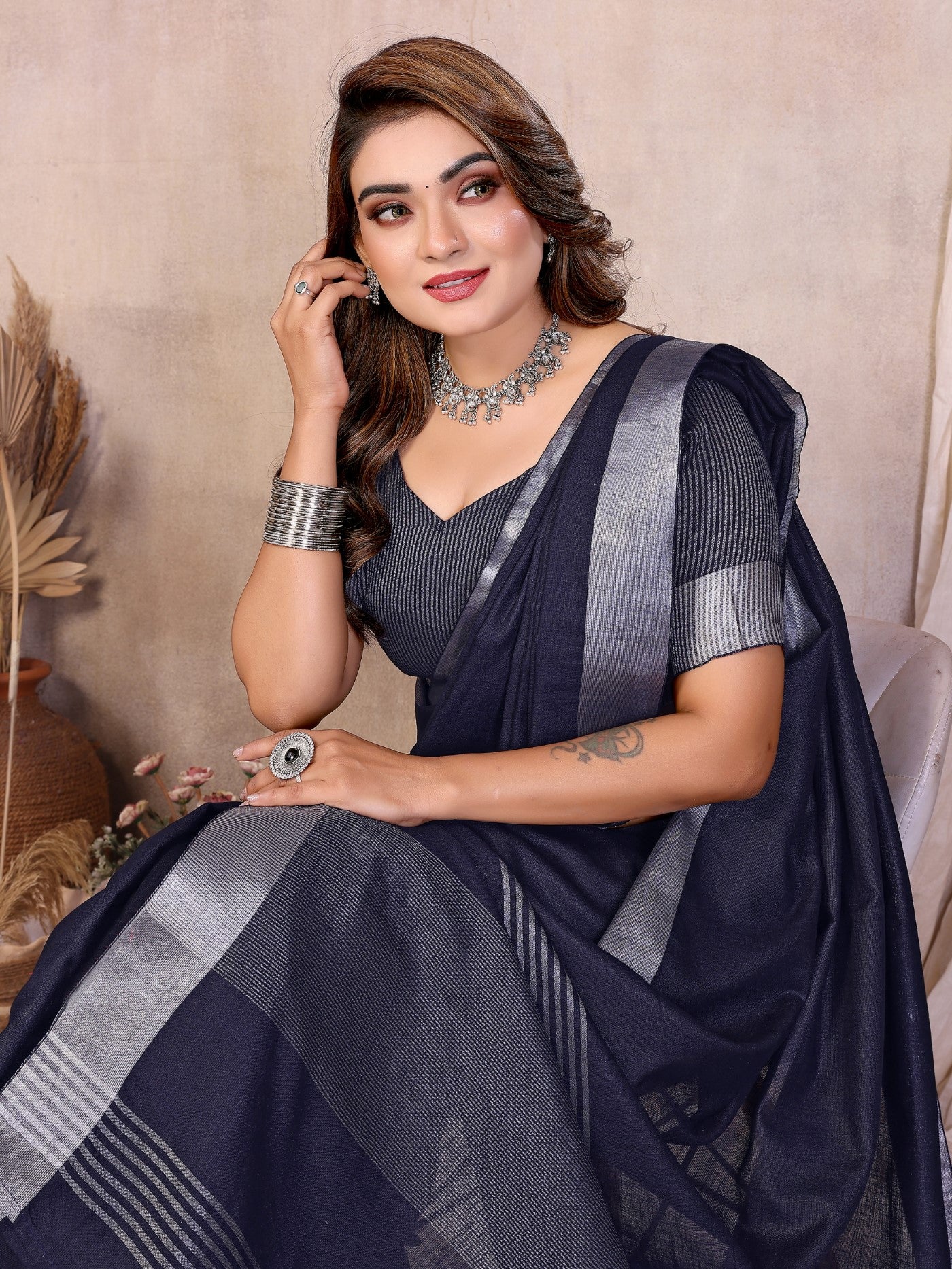 Navy Blue Cotton Saree With Silver Zari Border