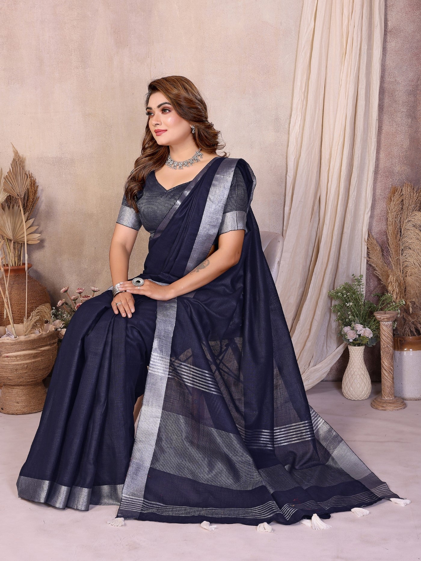 Navy Blue Cotton Saree With Silver Zari Border