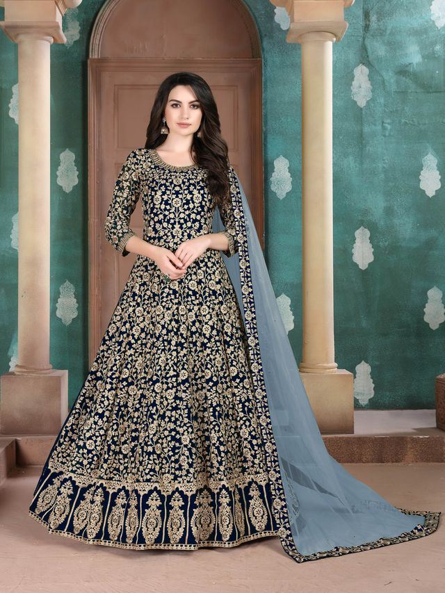 Navy Blue Faux Georgette Heavy Embroidery with Embroidered lace dupatta Anarkali Suits