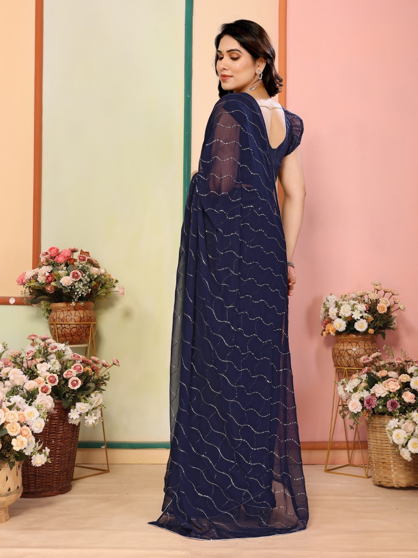 Navy Blue Georgette Saree With Mukesh Work Saree