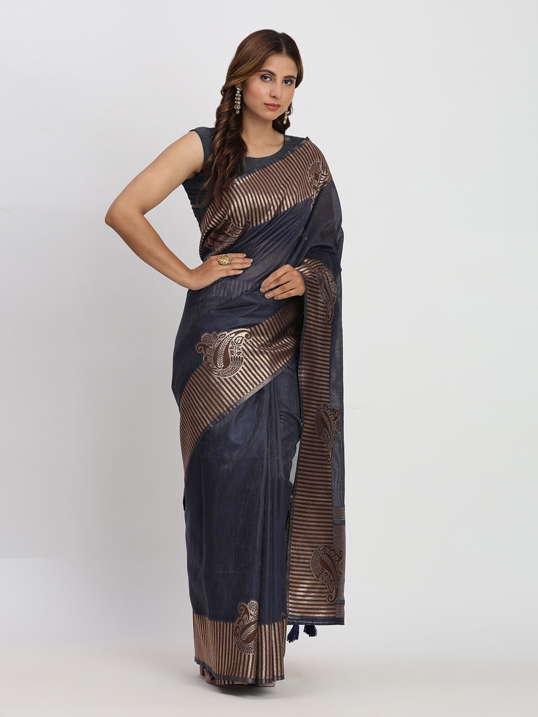 Navy Blue Linen Cotton Woven Galla Designer Traditional Partywear Saree