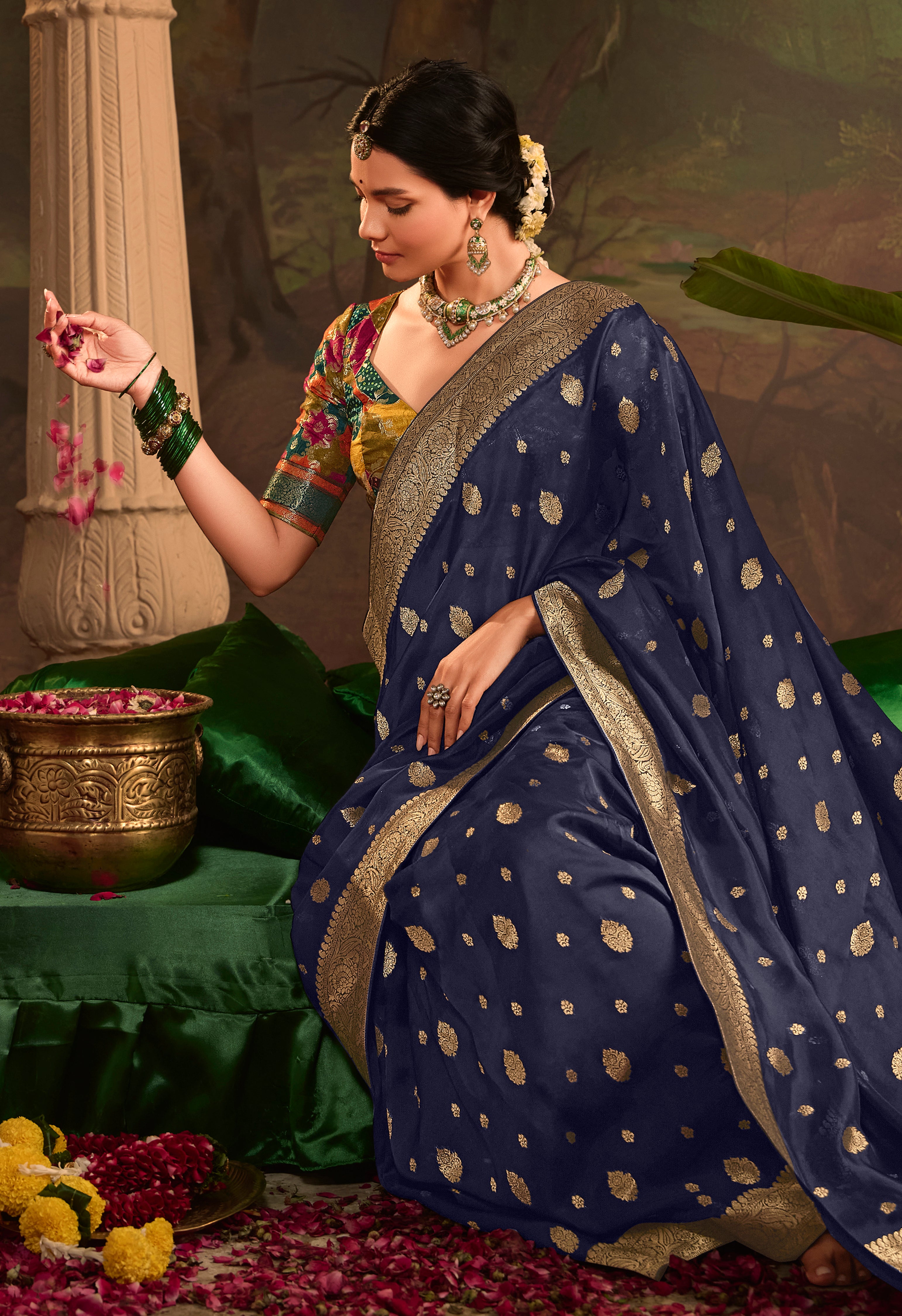 Navy Blue Pure Crepe Dola Silk Saree With Jacquard Woven Work