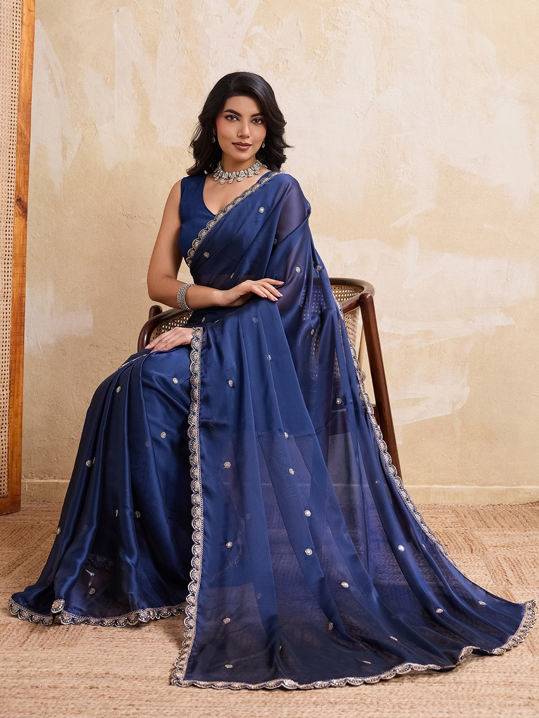 Navy Blue Rangoli Silk Saree With Embroidery Designer Festive Saree