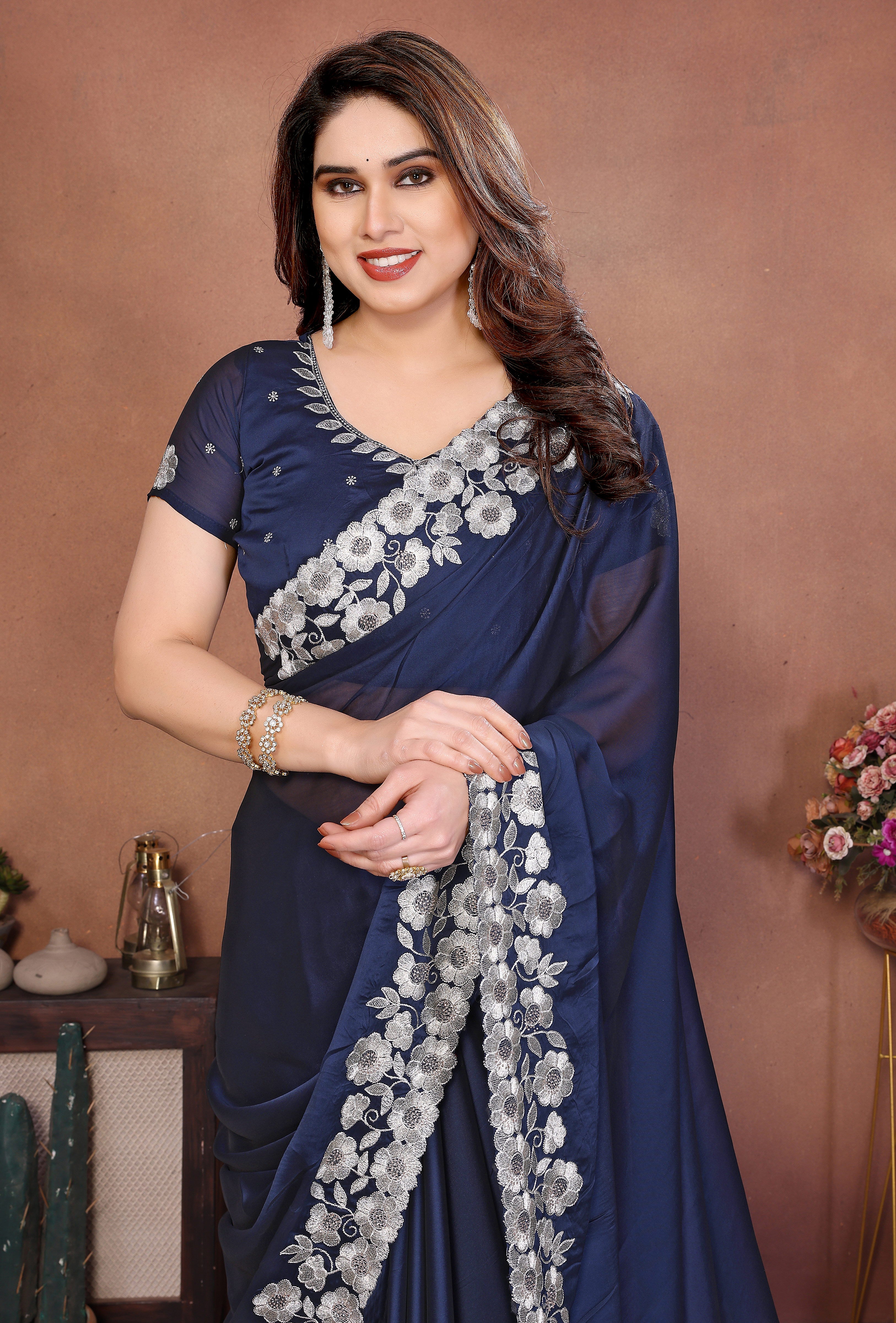 Navy Blue Rangoli Silk Saree with Heavy Traditional Embroidery