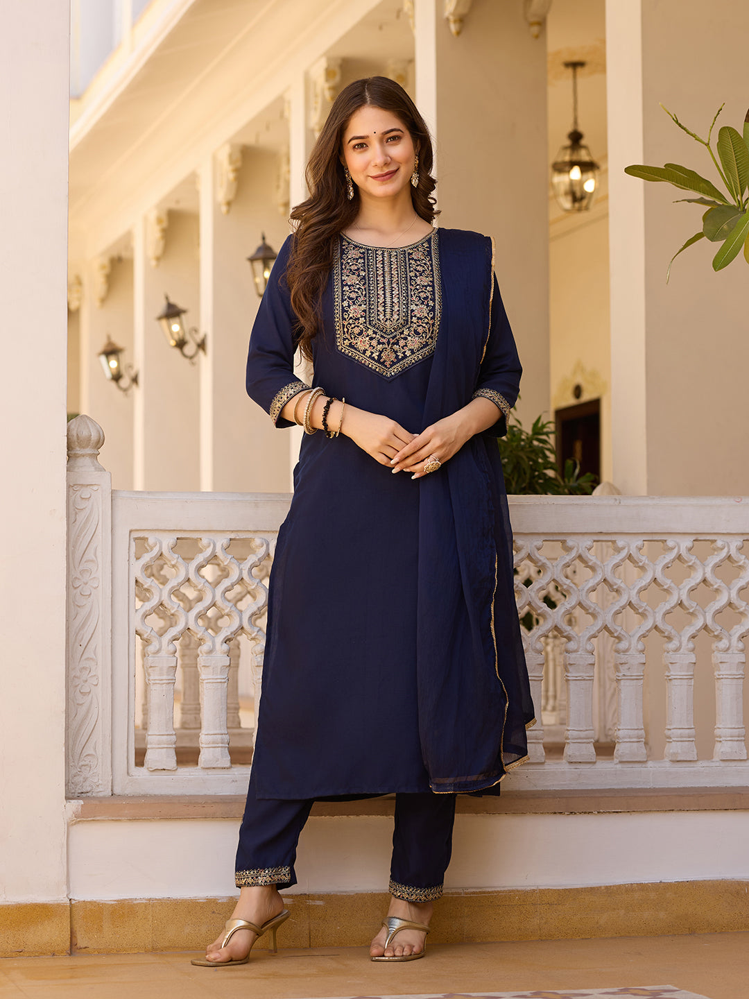 Navy Blue Rayon Kurta Pant Set With Thread Embroidered With Sequins Work