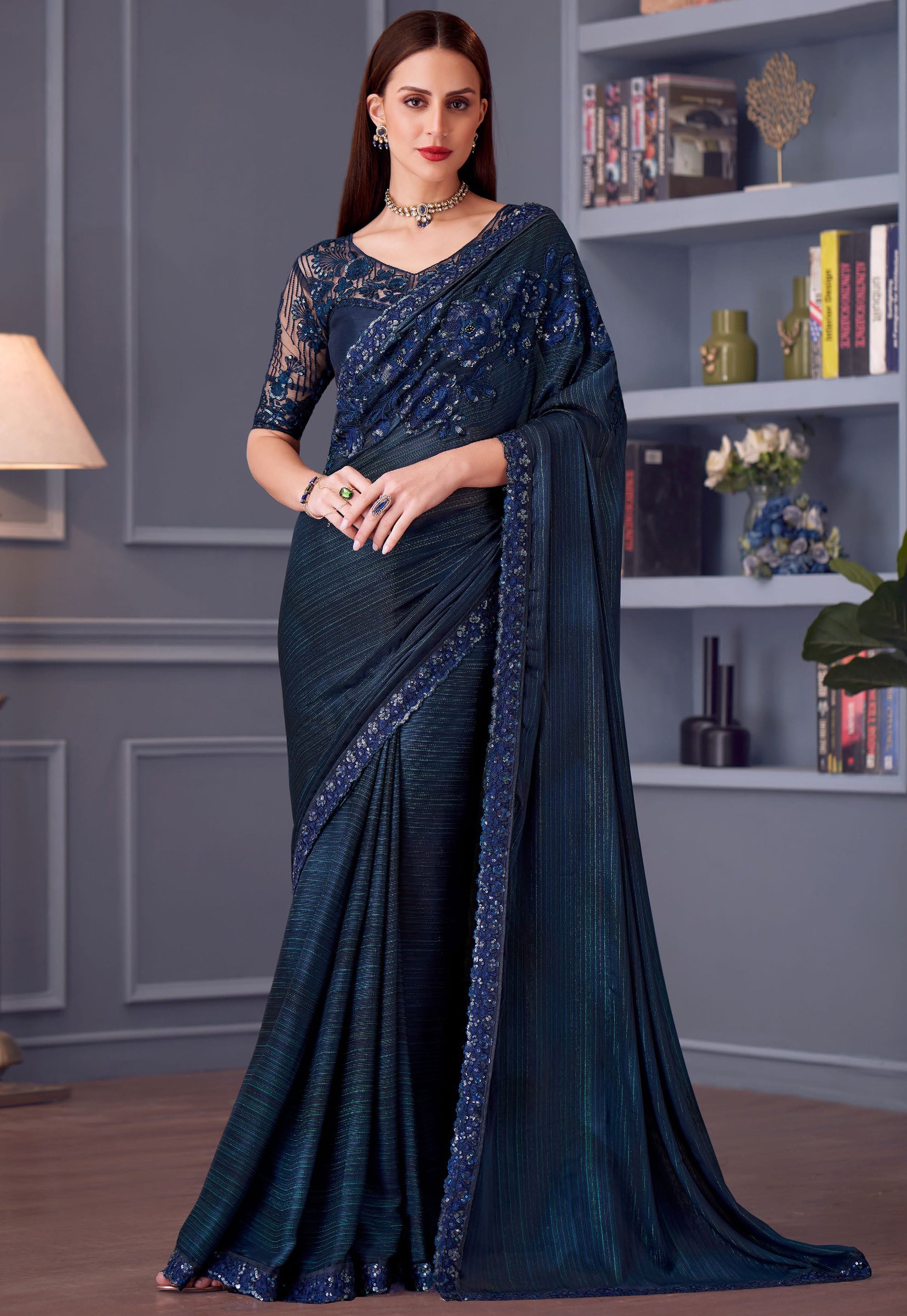 Navy Blue Saree With Heavy Thread Embroidery Sequins Work