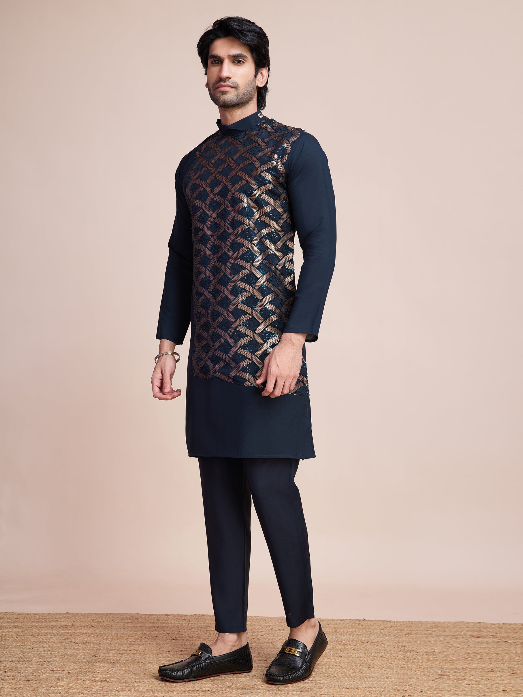 Navy Blue Sequins Embroidered Ethnic Kurta – Rich and Regal