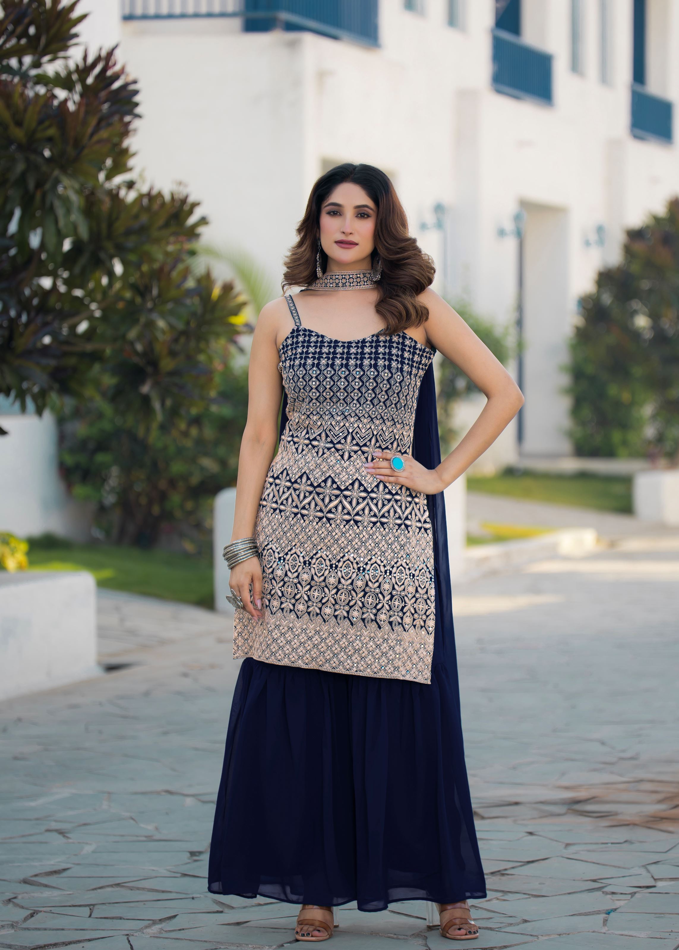 Navy Blue Sharara Dress With Sequence Embroidered