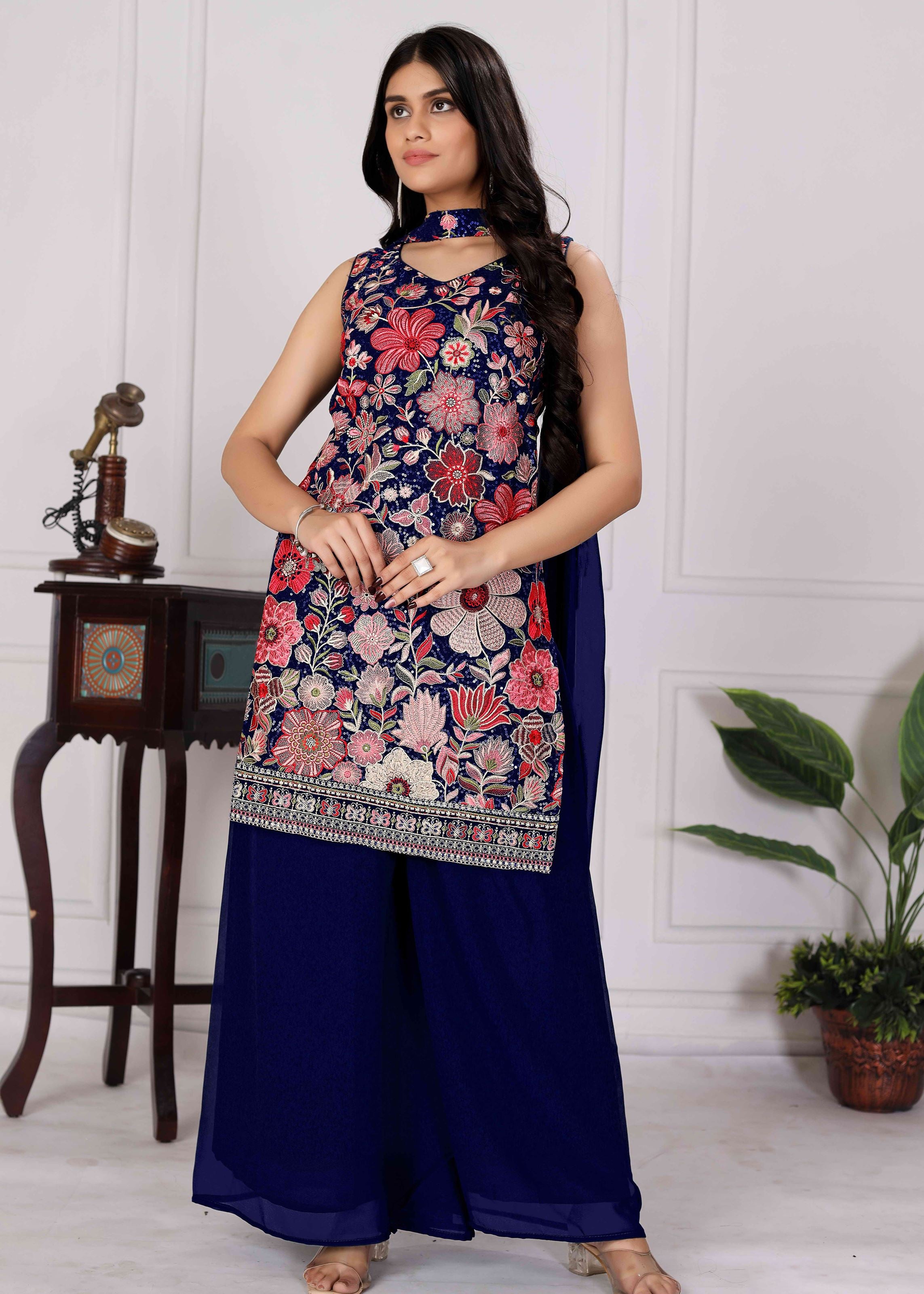 Navy Blue Sharara Dress With Sequence Embroidered