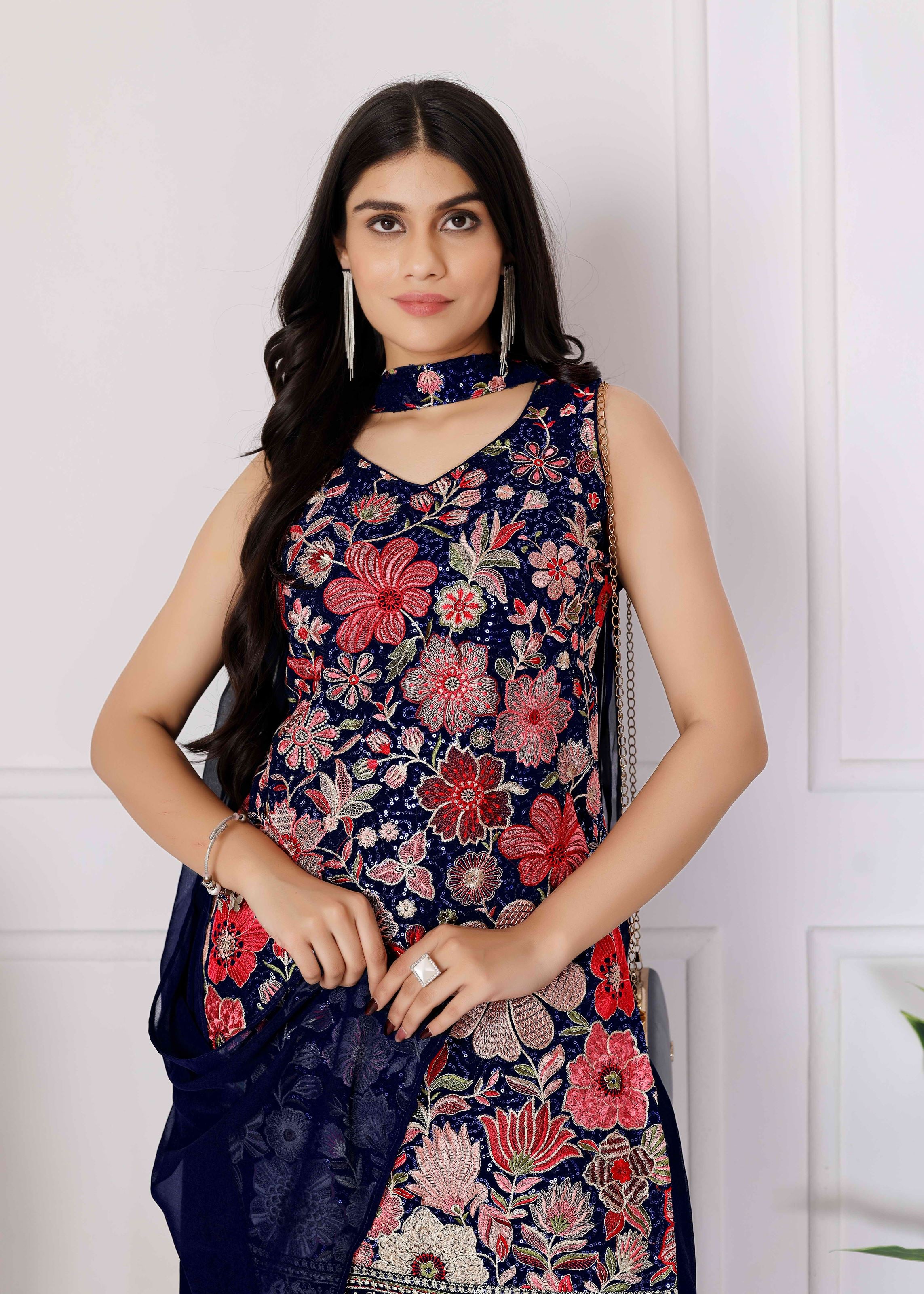 Navy Blue Sharara Dress With Sequence Embroidered