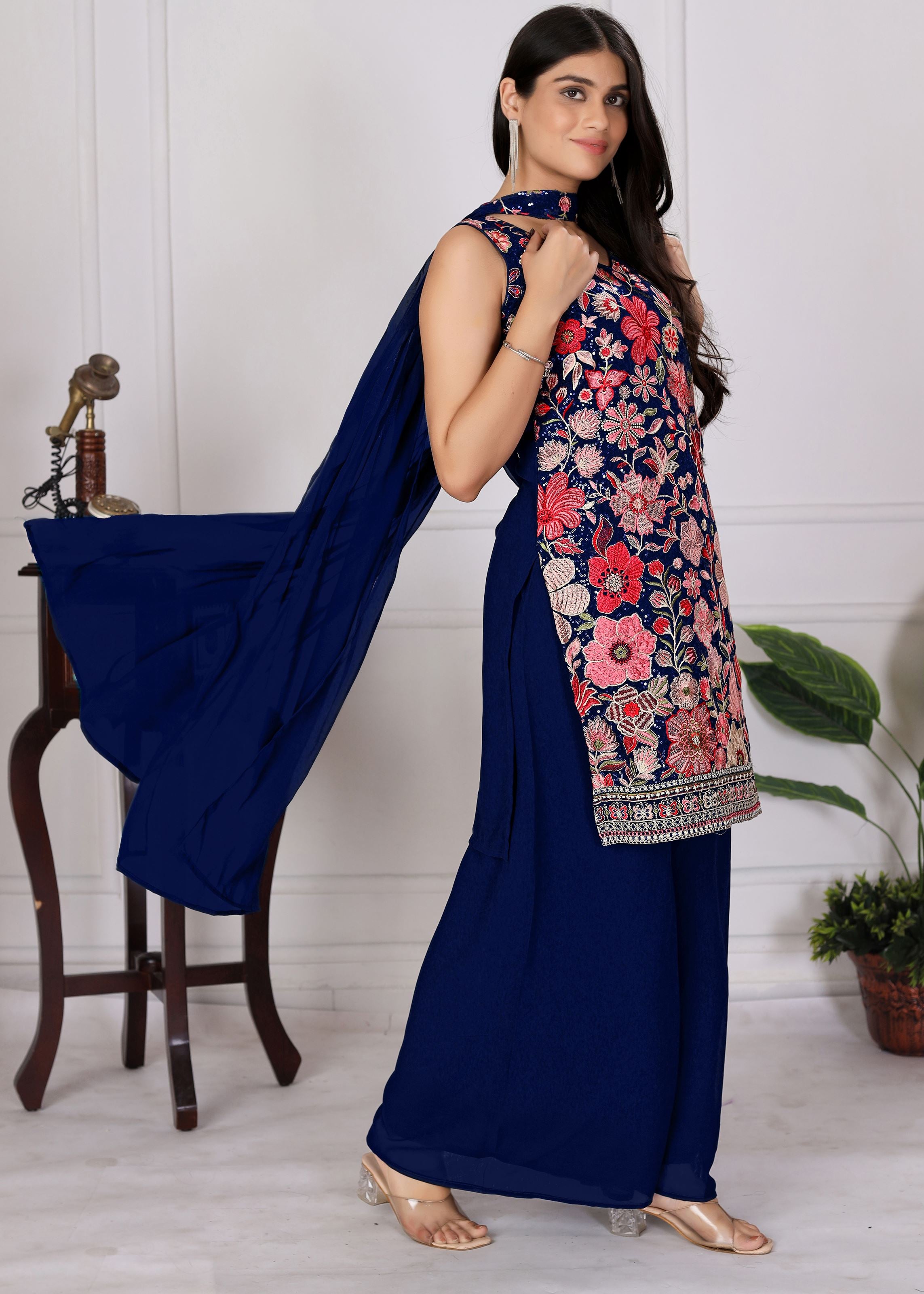 Navy Blue Sharara Dress With Sequence Embroidered