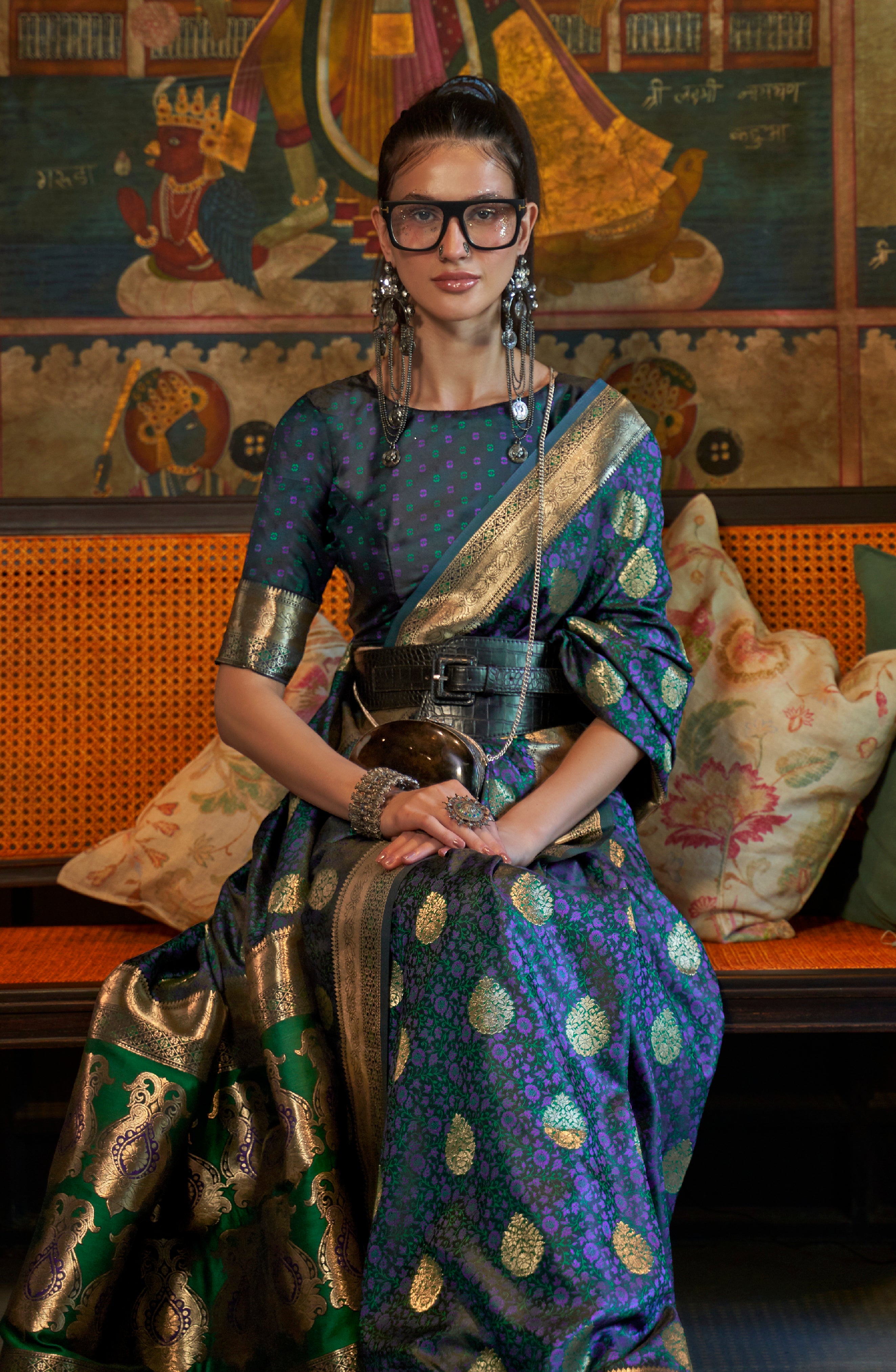 Navy Blue Silk Saree with Jacquard Woven Work