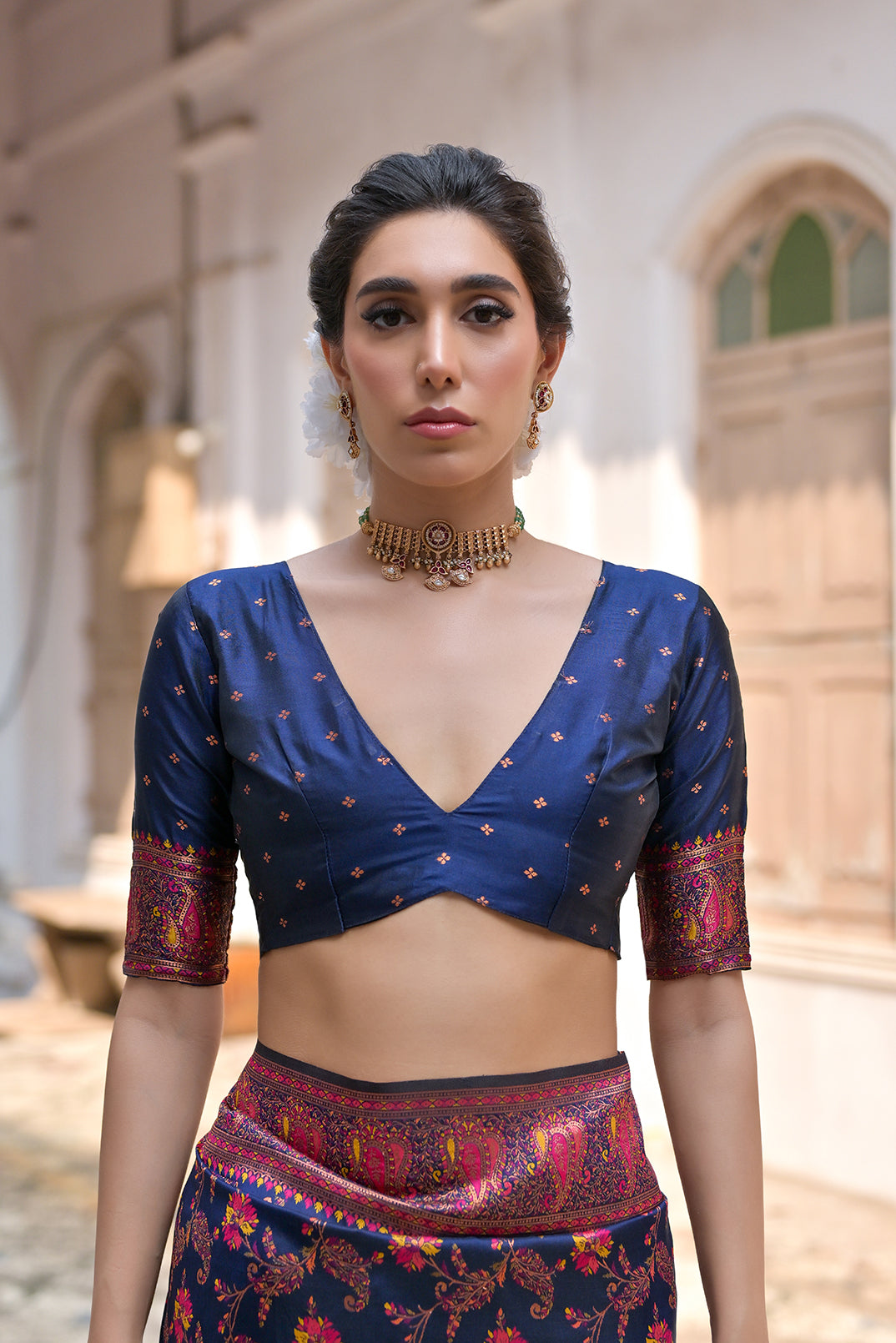 Navy Blue Silk Saree with Thread Jal and Floral Weaves