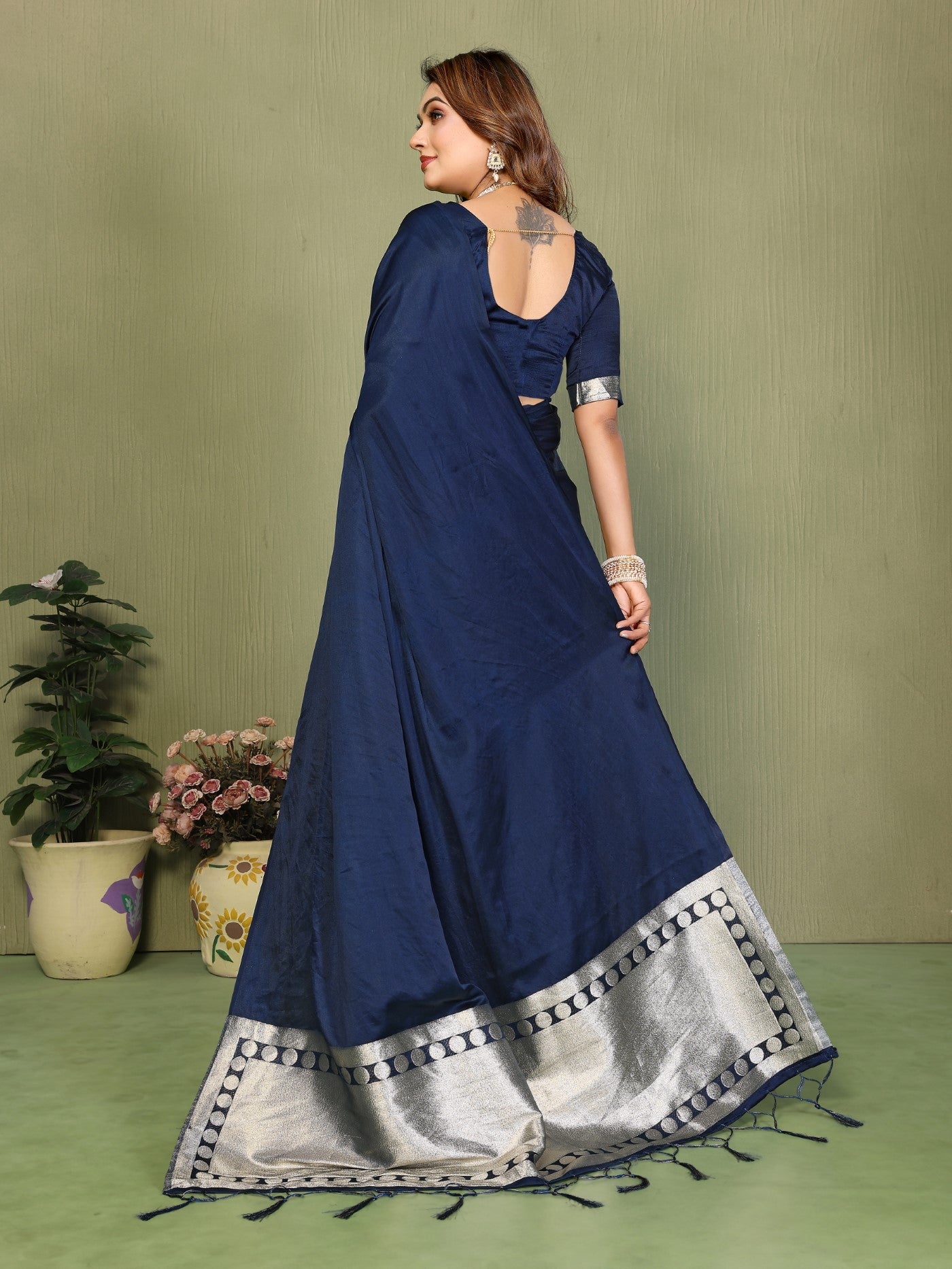 Navy Blue Soft Satin Silk Saree With Classic Zari Weaving