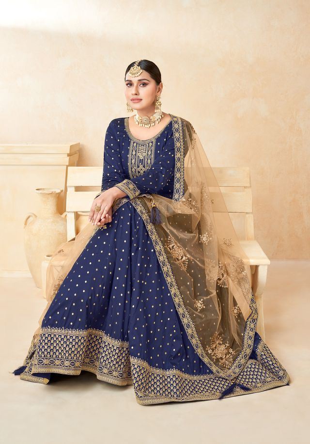 Navy Blue Taffeta Butti Heavy Thread Embroidery, Zari With Sequins Work Anarkali Suits