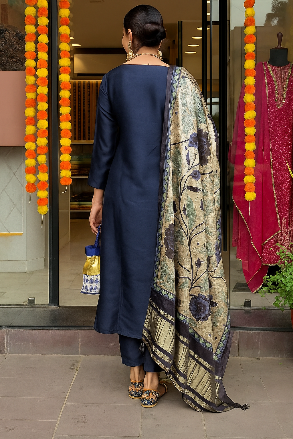 Navy Blue Viscose Chanderi Kurta Pant Set With Heavy Thread Embroidered Work With Printed Dupatta