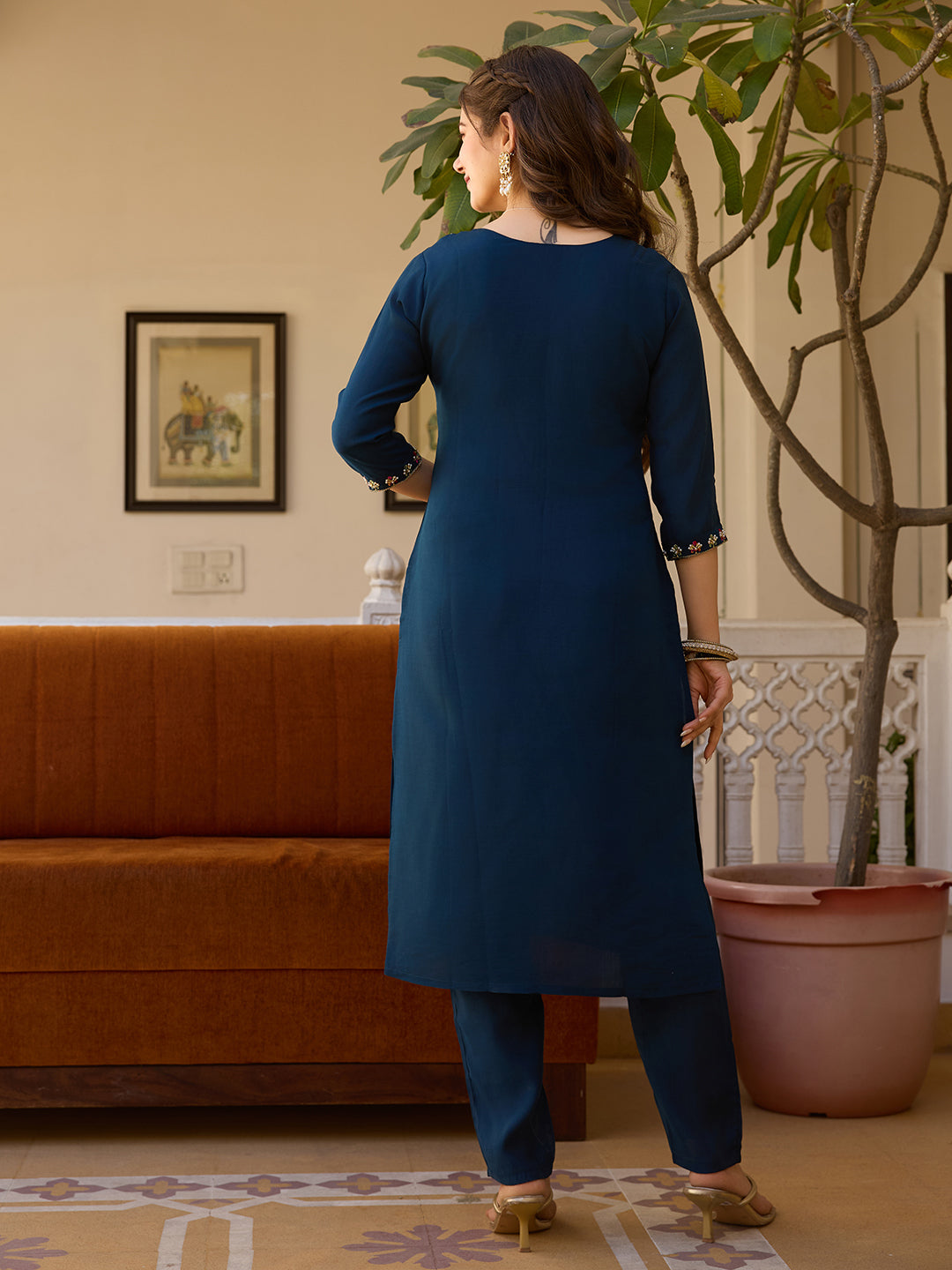 Navy Blue Viscose Chanderi Kurta Pant Set With Thread Embroidered With Beads Work