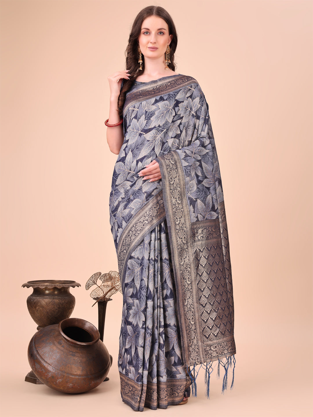 Navy Blue Woven Jacquard Designer With Floral Printed Cotton Ceremonial Saree
